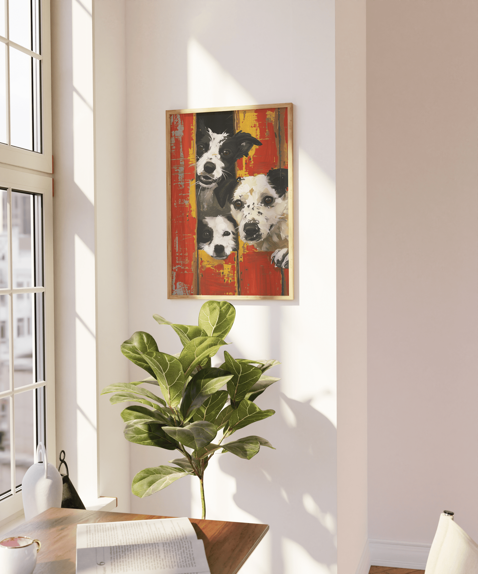 Banksy framed painting of three farm dogs peaking out of red barn doors, on a blank wall. - Paw Prints