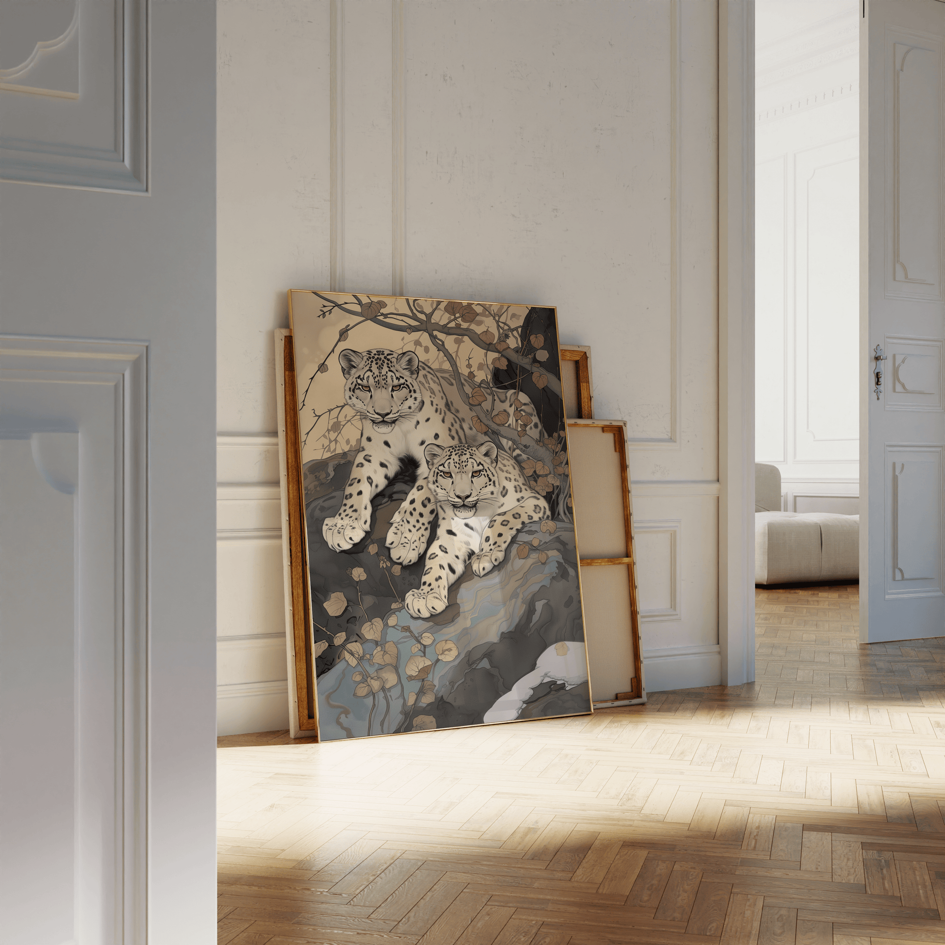Painting of two twin snow leopards laying in nature, leaning against a white bathroom wall - Paw Prints