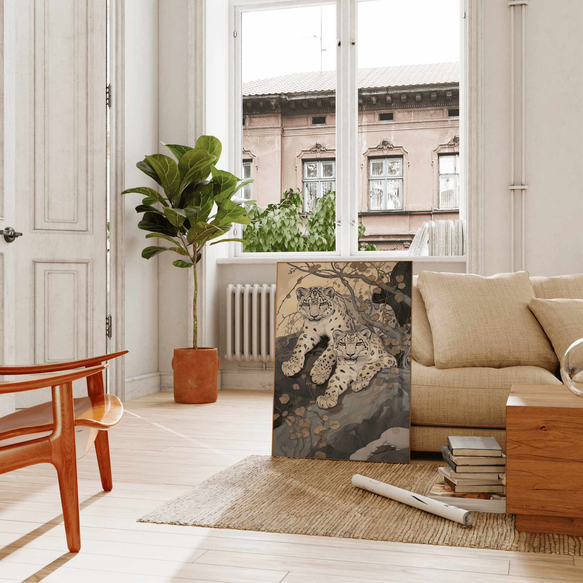 Painting of two twin snow leopards laying in nature, leaning against the living room couch - Paw Prints