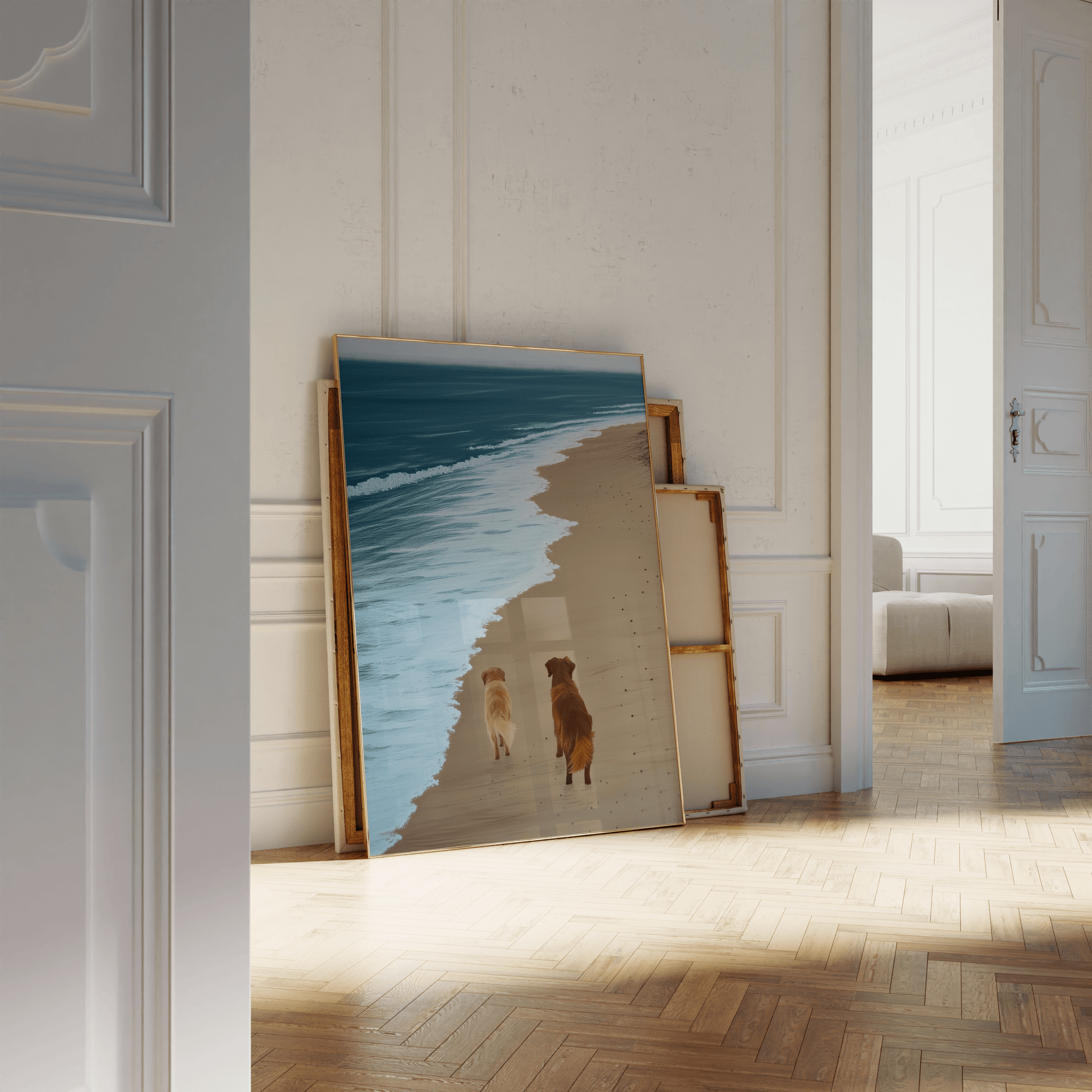 Paw Prints painting of two golden retrievers walking next to a calm ocean, leaning against a white bathroom wall. 