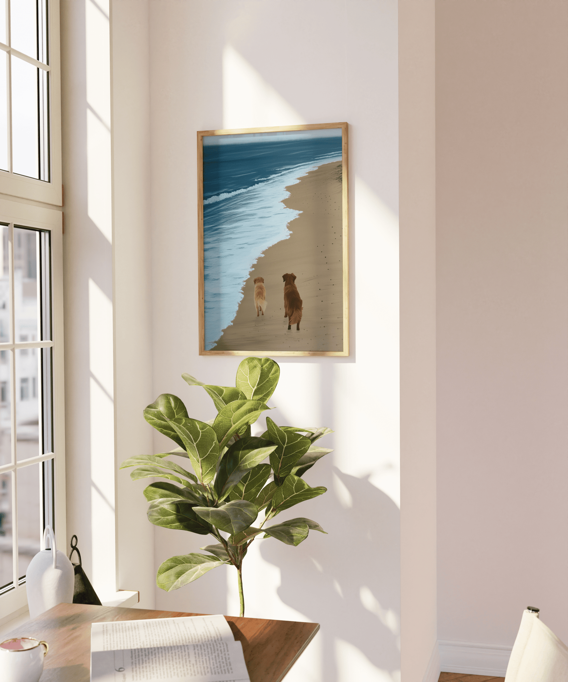 Paw Prints painting of two golden retrievers walking next to a calm ocean, on a blank wall. 