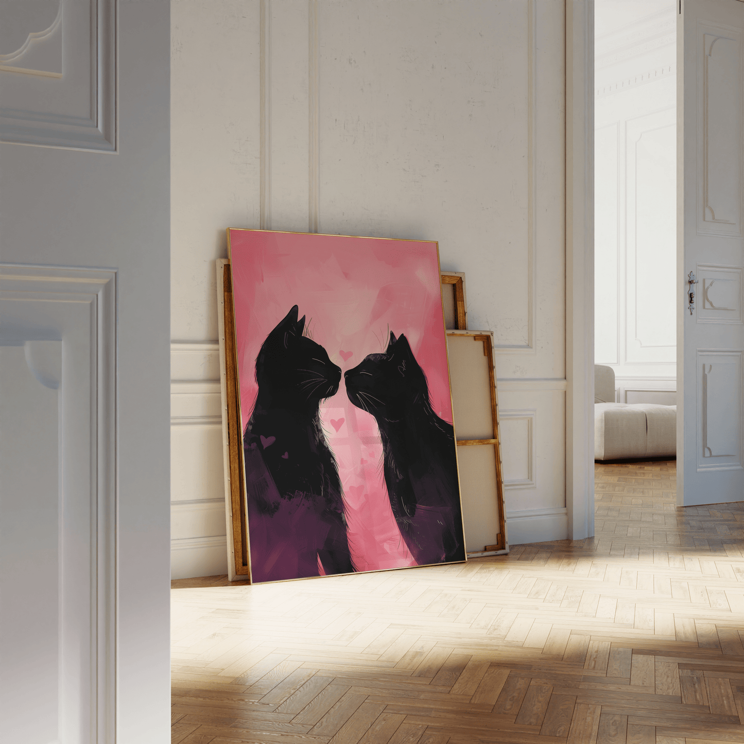 Painting of two black cats in love, pink background with hearts, leaning against a white bathroom wall - Paw Prints