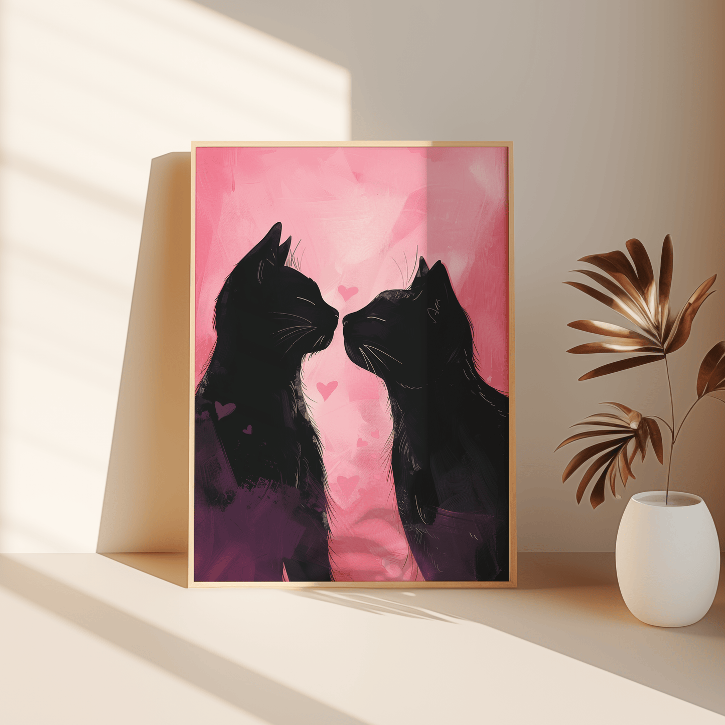 Painting of two black cats in love, pink background with hearts, leaning against the bedroom floor - Paw Prints