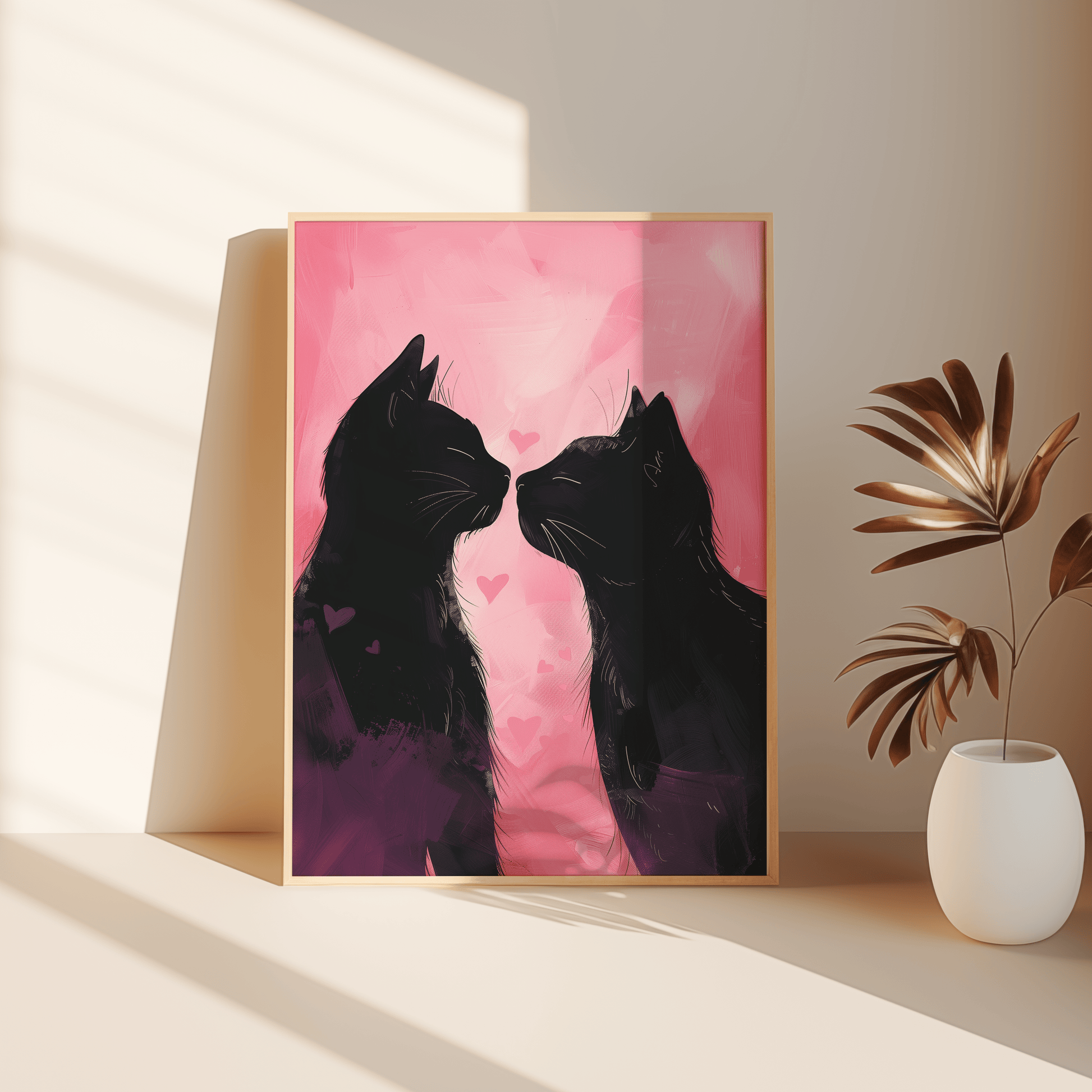 Painting of two black cats in love, pink background with hearts, leaning against the bedroom floor - Paw Prints
