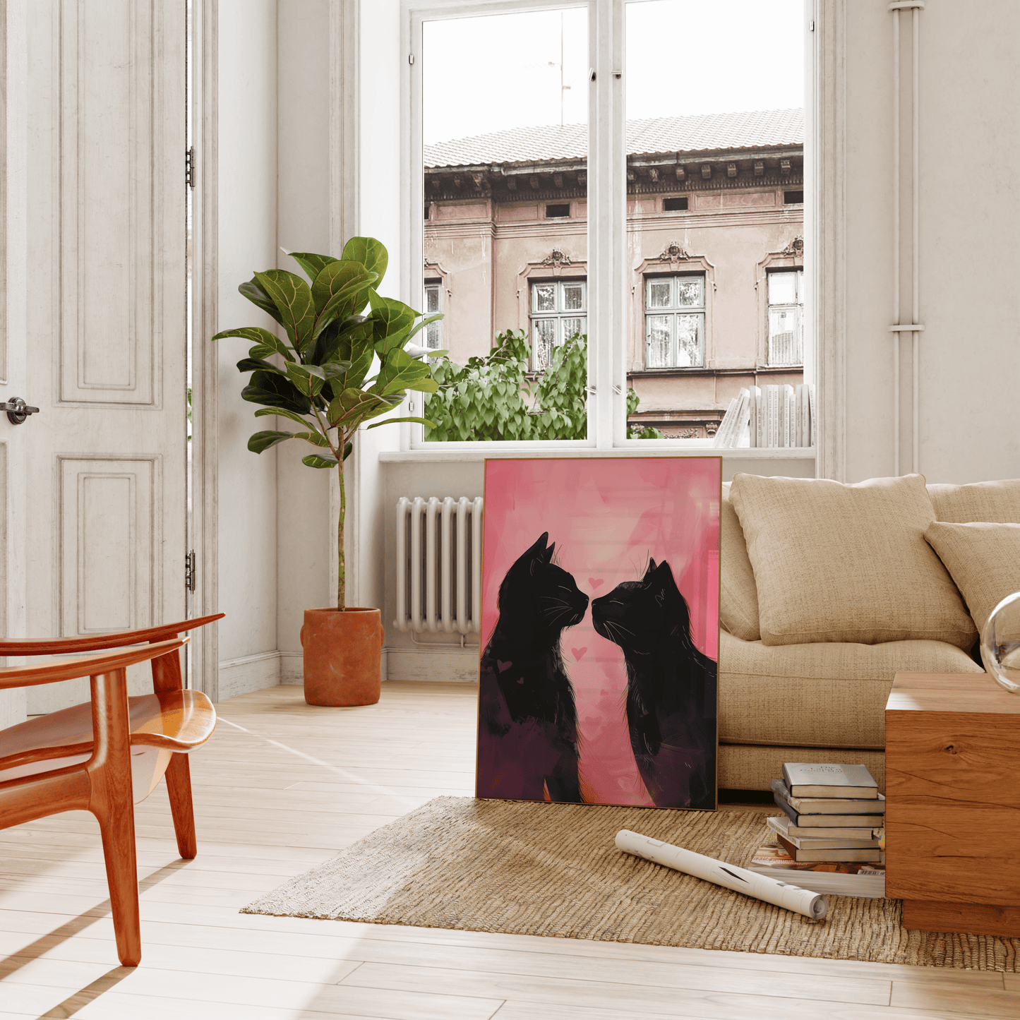 Painting of two black cats in love, pink background with hearts, leaning against the living room couch - Paw Prints