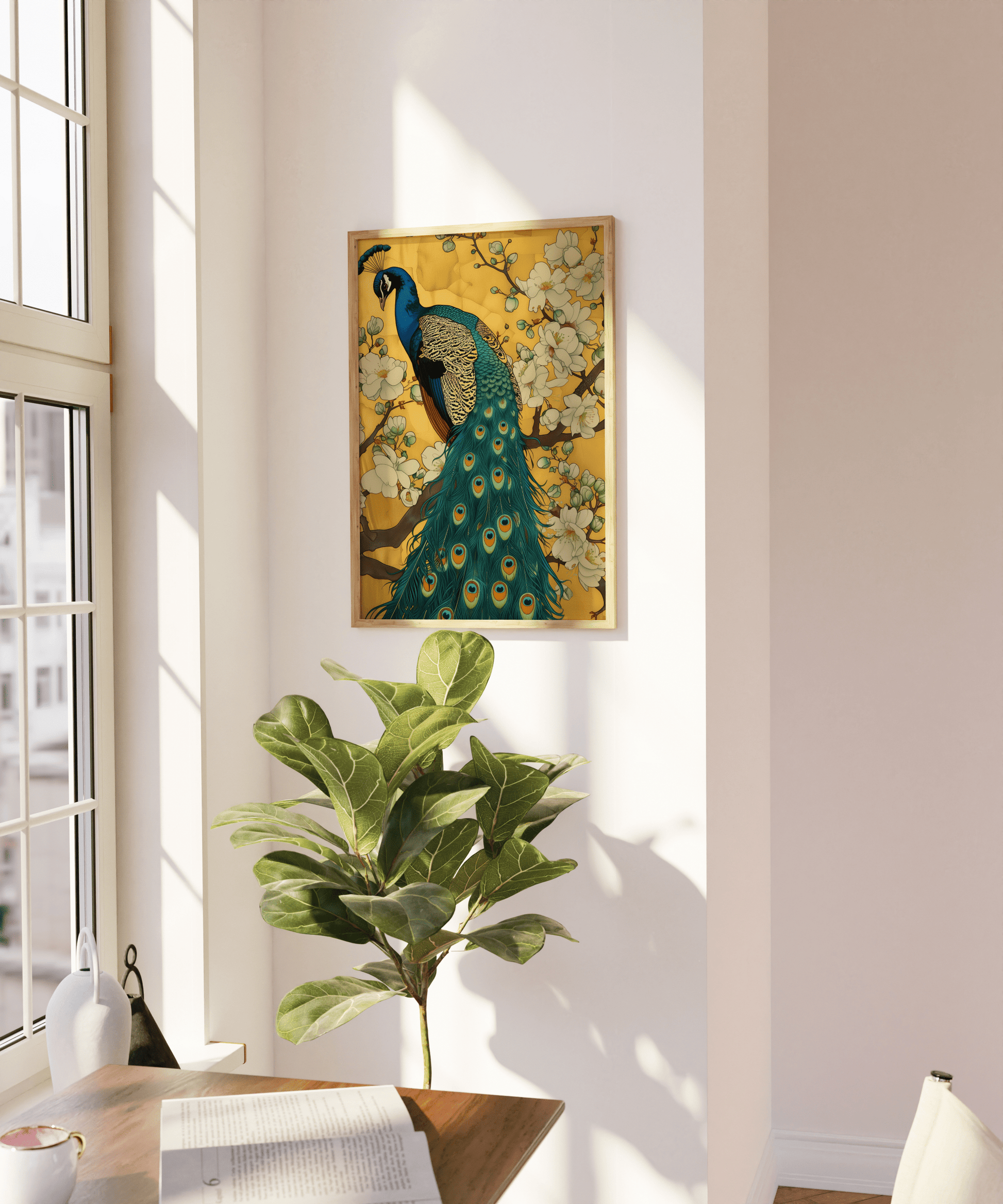 Painting of a peacock perched on the branches of white magnolia blossoms, on a blank wall - Paw Prints
