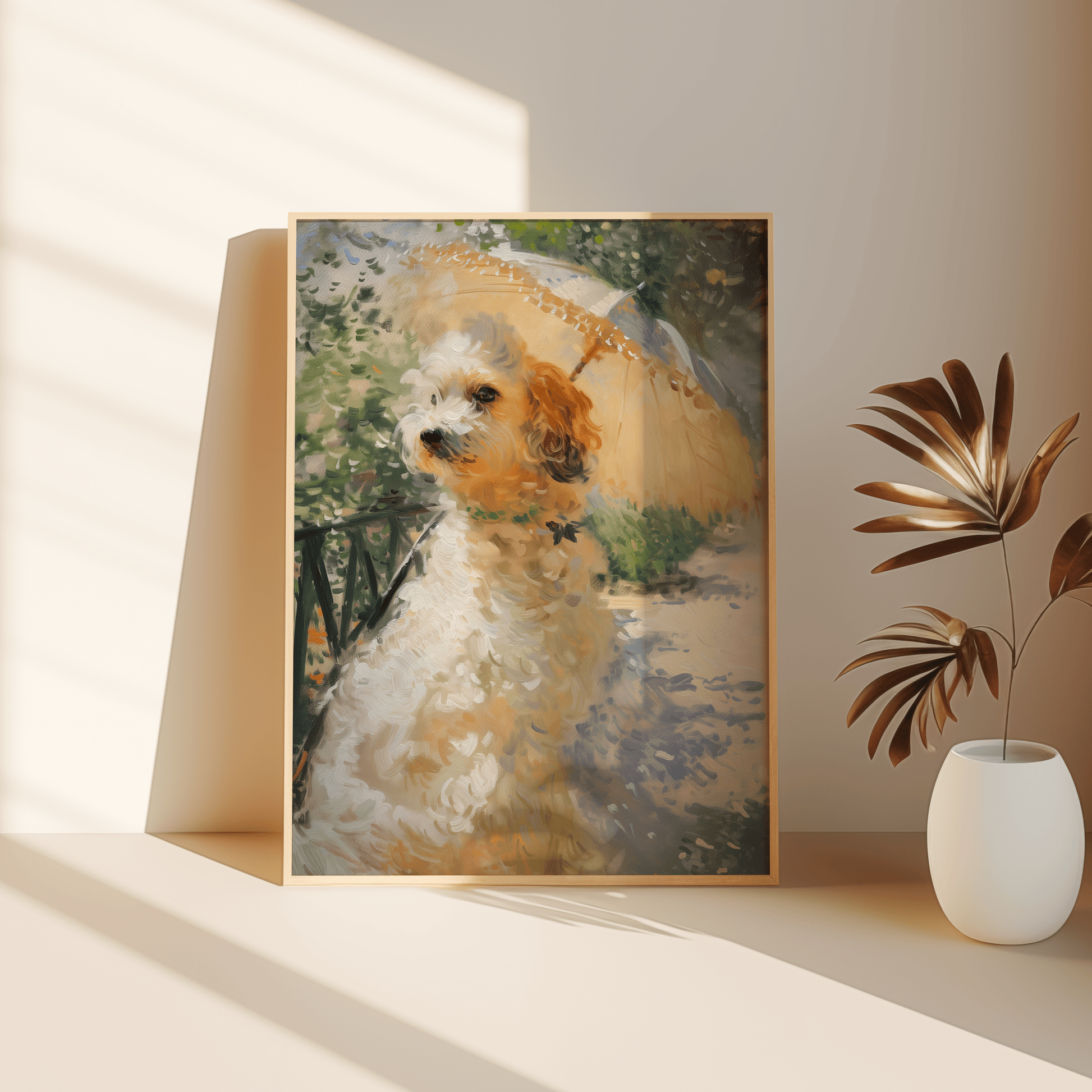 Impressionist painting of a Victorian dog holding an umbrella, leaning against the bedroom floor - Paw Prints 