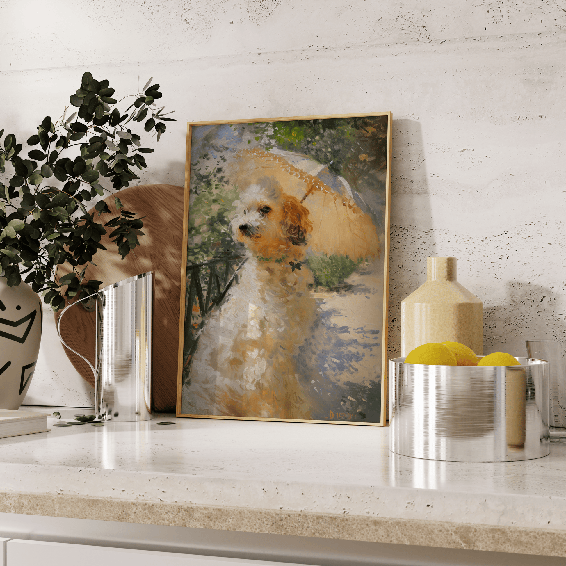 Impressionist painting of a Victorian dog holding an umbrella, leaning against the kitchen counter - Paw Prints 