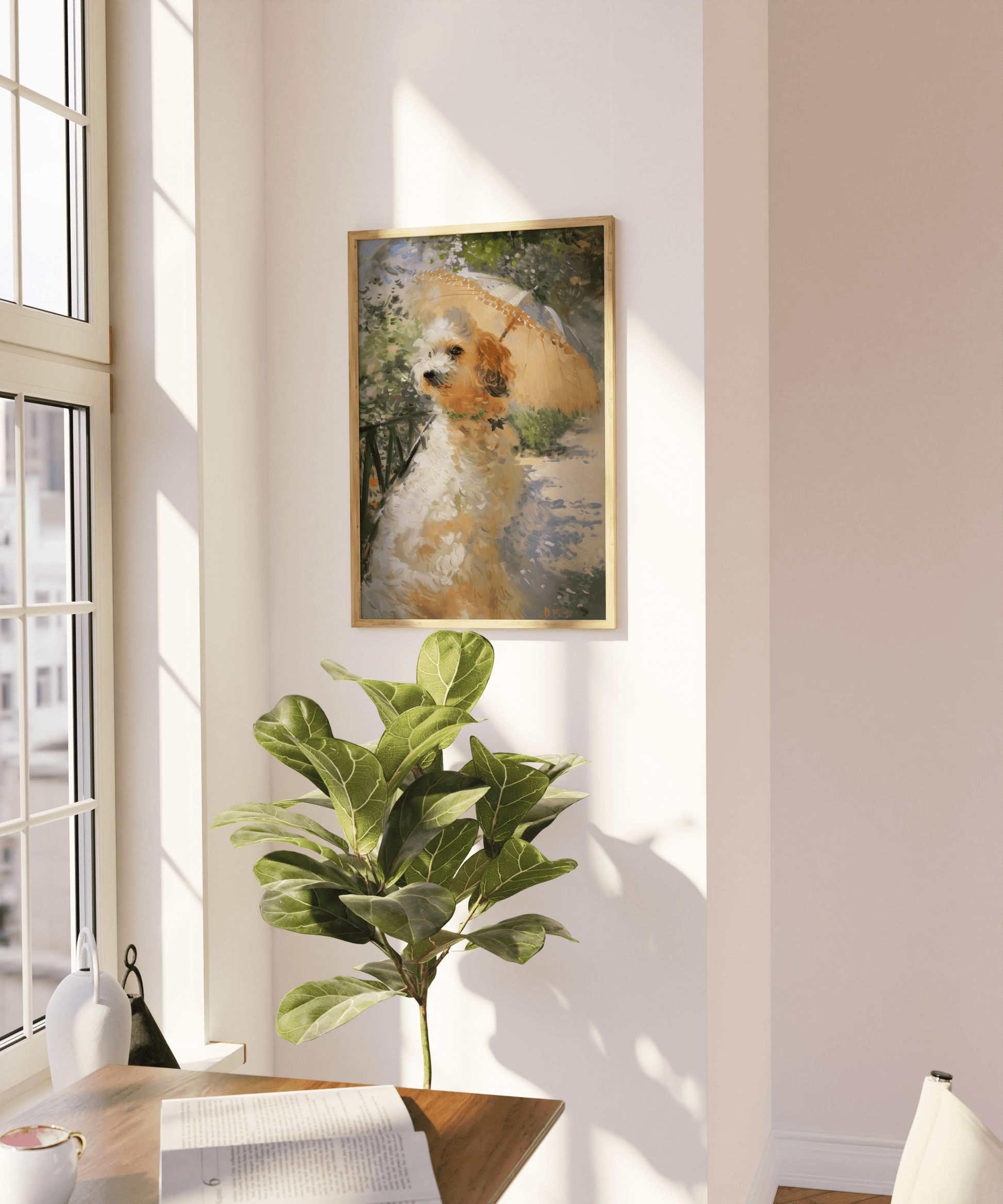 Impressionist painting of a Victorian dog holding an umbrella, on a blank wall - Paw Prints 