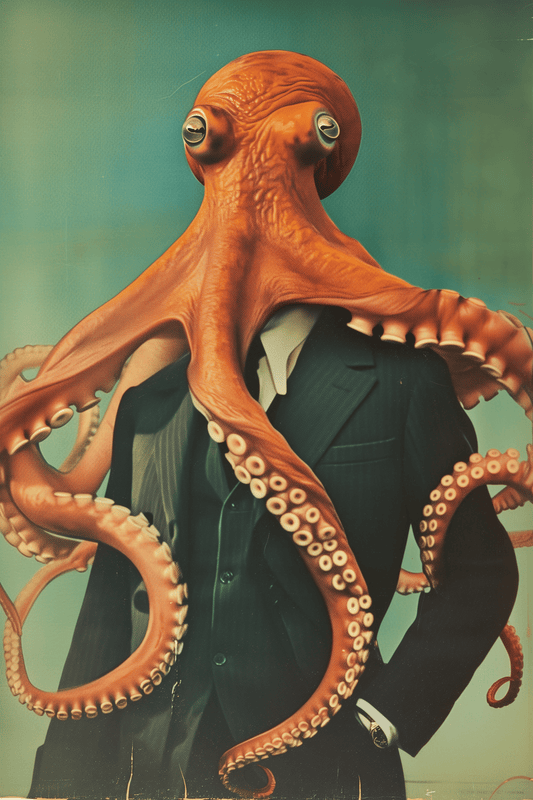 Vintage painting of a octopus wearing a suit, confident stance - Paw Prints