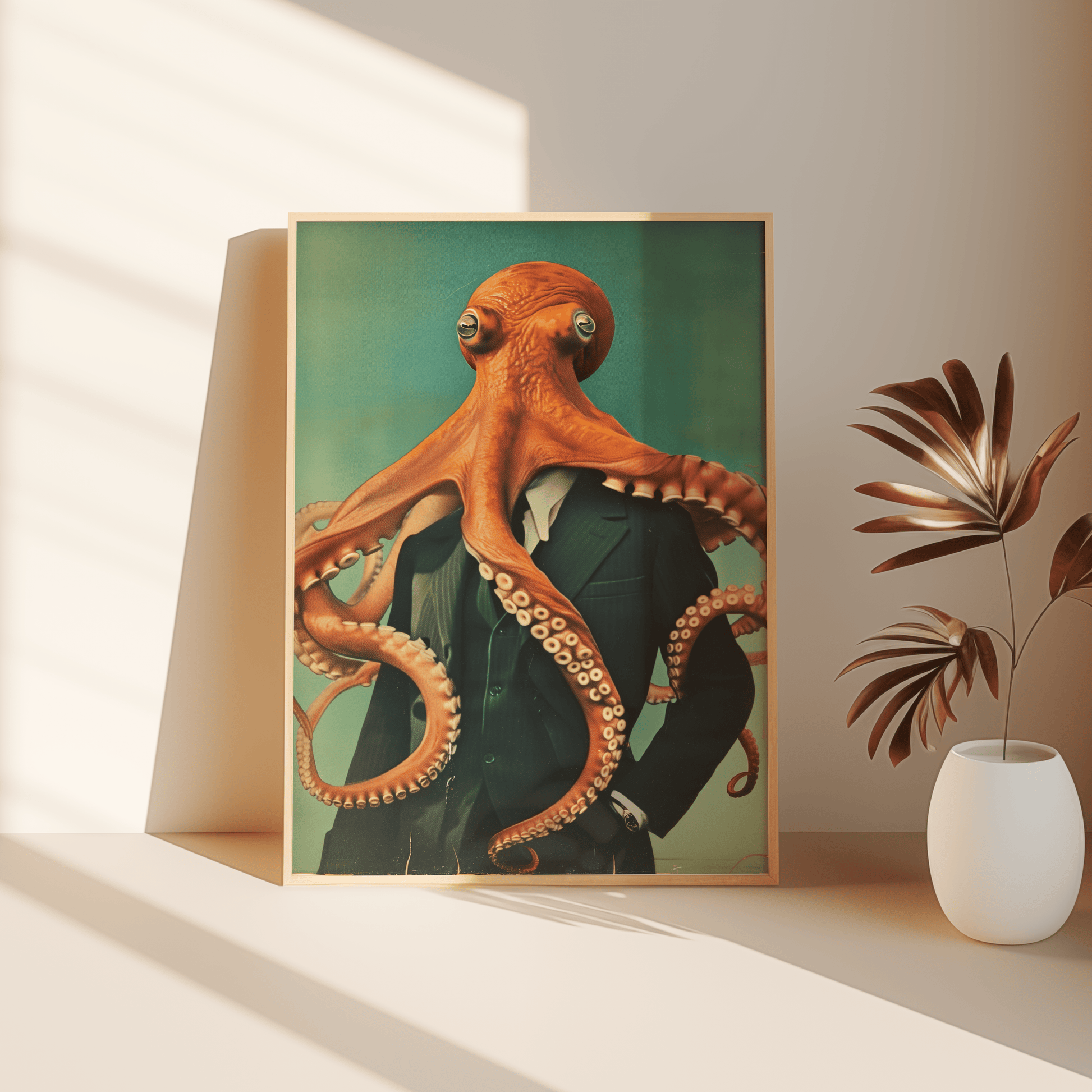 Vintage painting of a octopus wearing a suit, confident stance, leaning against the bedroom floor - Paw Prints