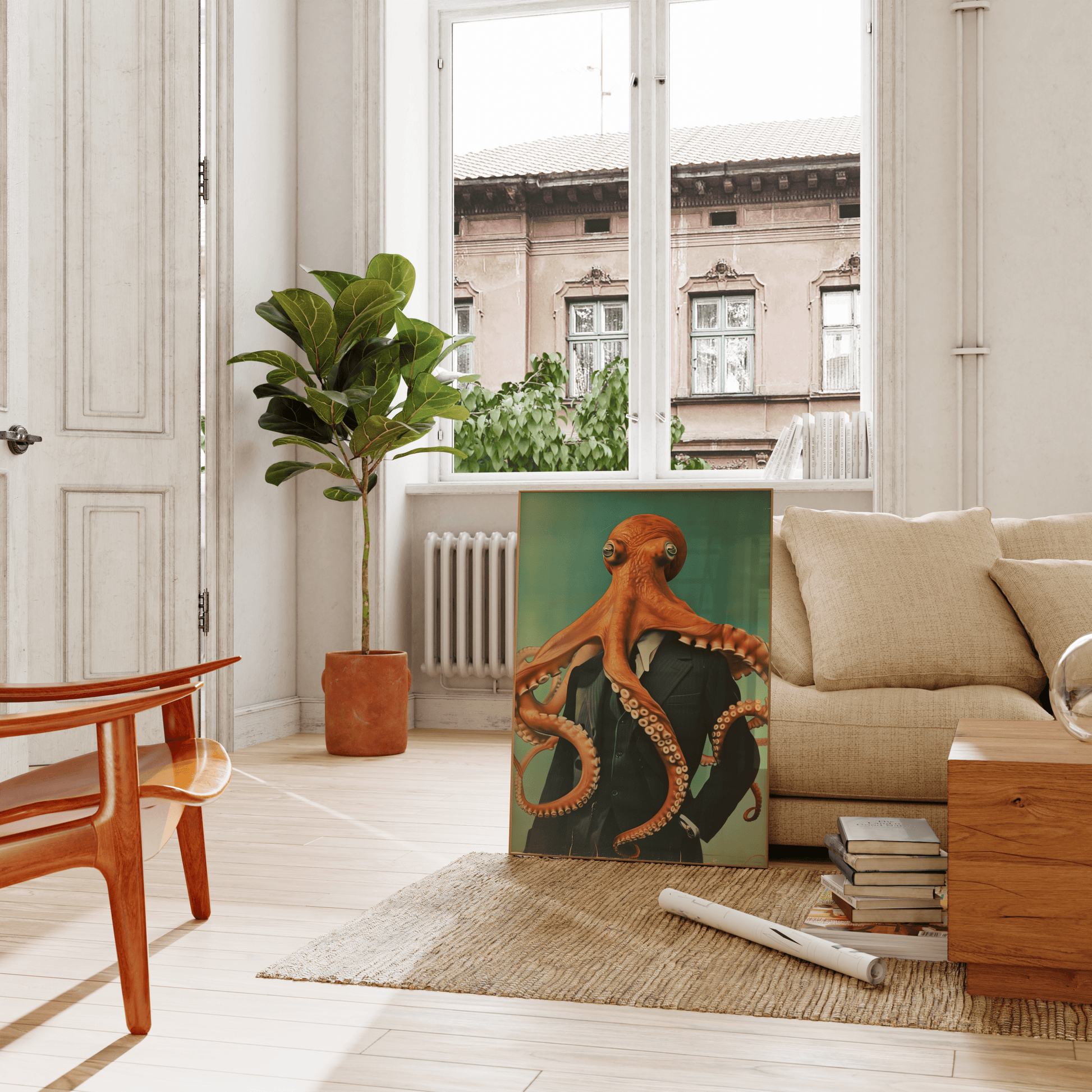 Vintage painting of a octopus wearing a suit, confident stance, leaning against the living room couch - Paw Prints