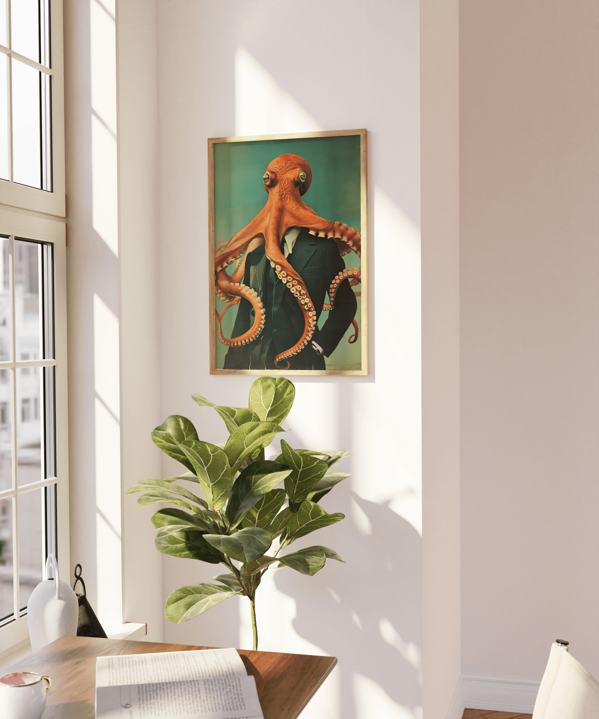 Vintage painting of a octopus wearing a suit, confident stance, on a blank wall - Paw Prints
