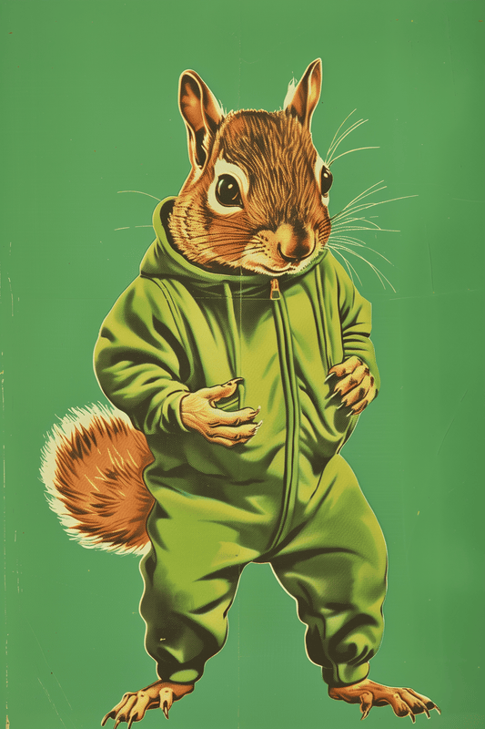 Vintage poster of a squirrel in a green onesie - Paw Prints