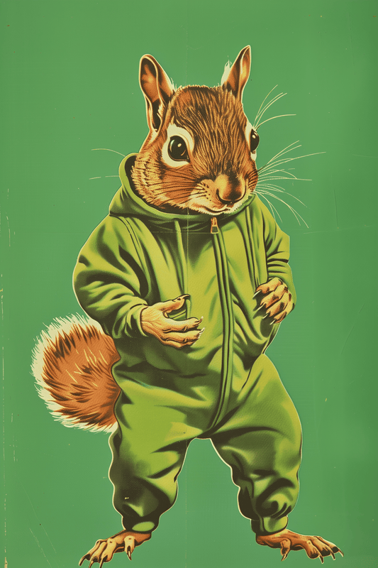 Vintage poster of a squirrel in a green onesie - Paw Prints