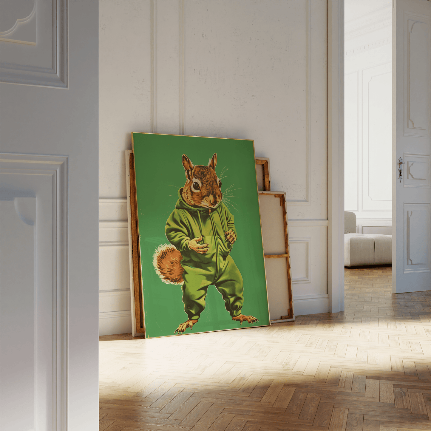 Vintage framed poster of a squirrel in a green onesie, leaning against a white bathroom wall - Paw Prints