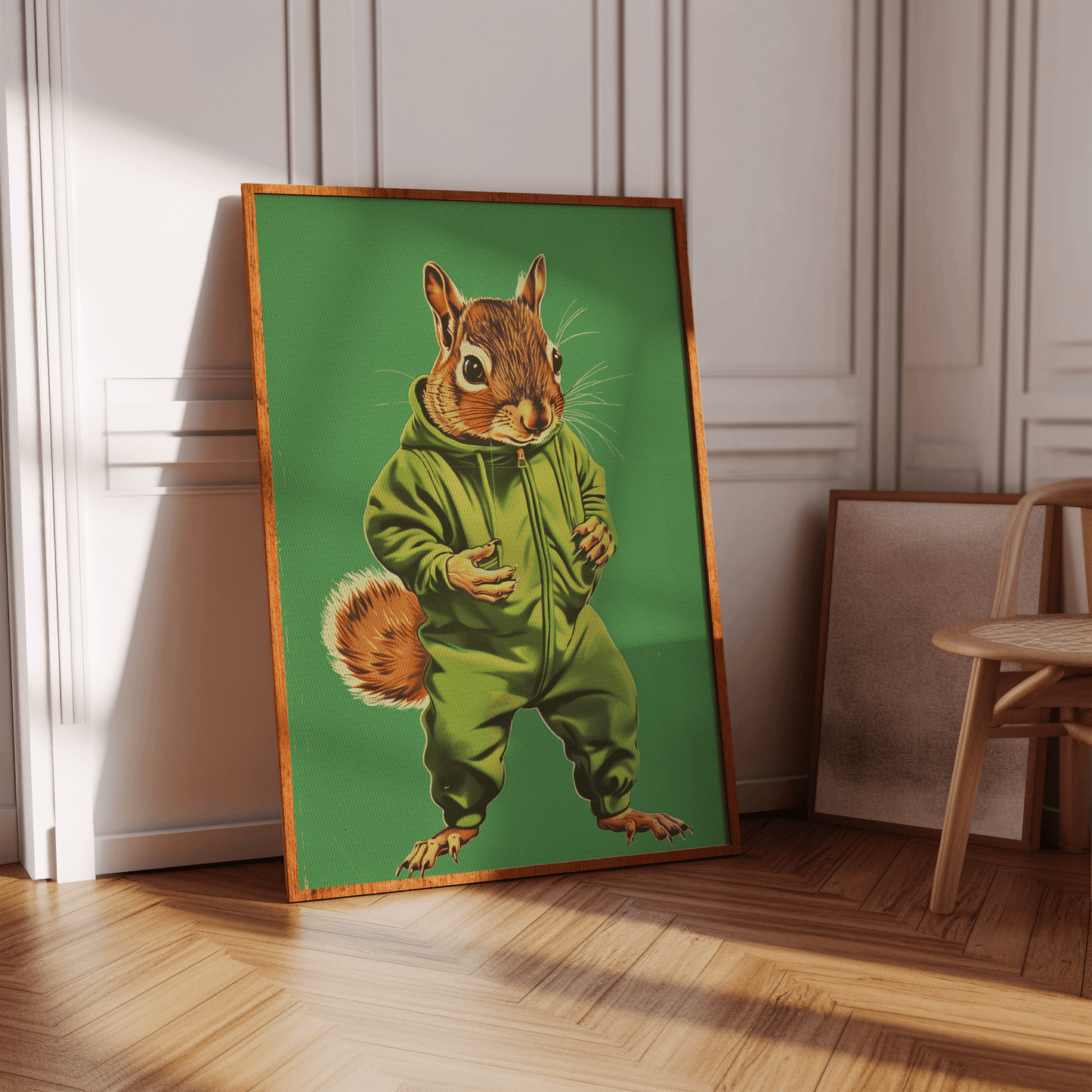 Vintage framed poster of a squirrel in a green onesie, in a white Victorian hallway in view of natural sunlight - Paw Prints