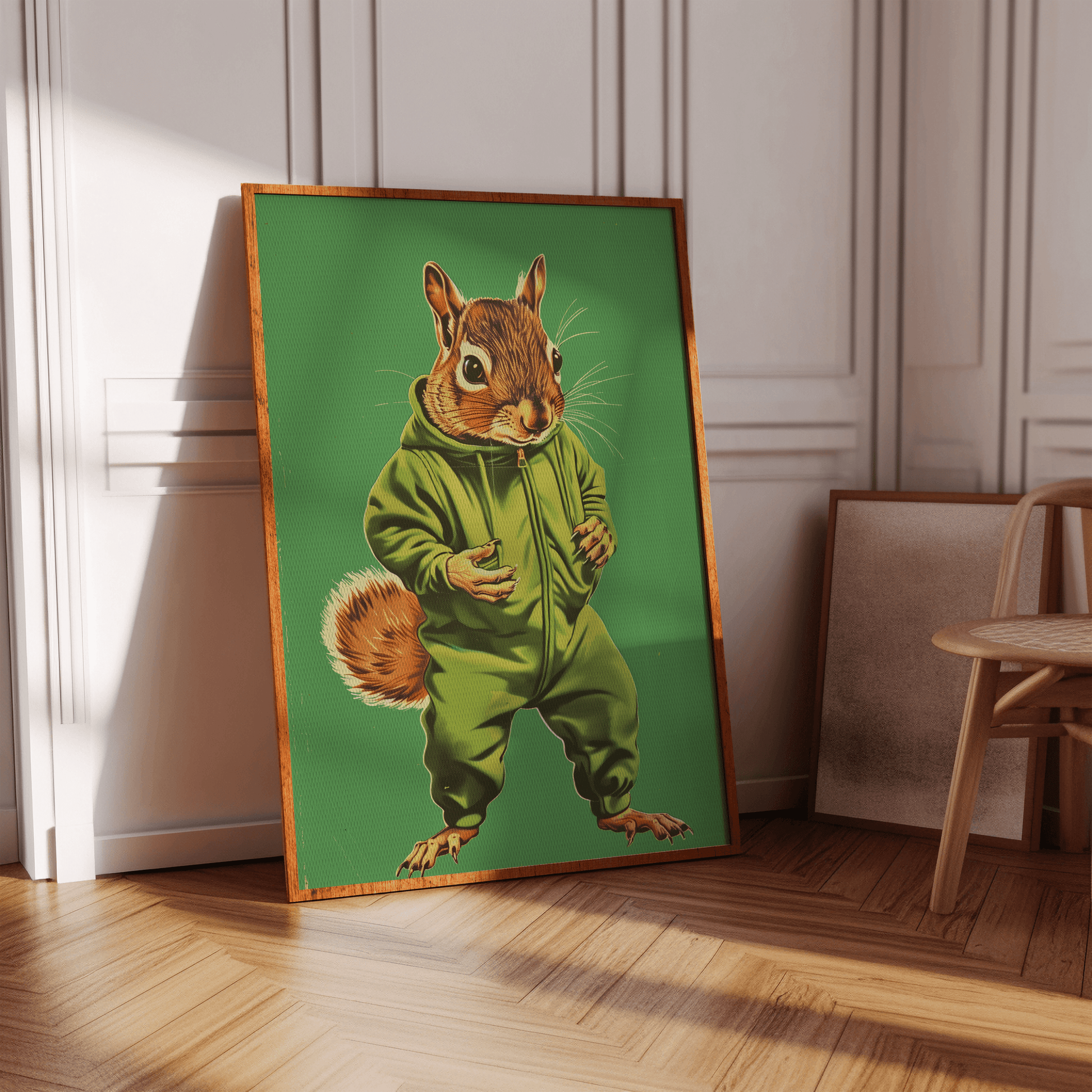 Vintage framed poster of a squirrel in a green onesie, in a white Victorian hallway in view of natural sunlight - Paw Prints