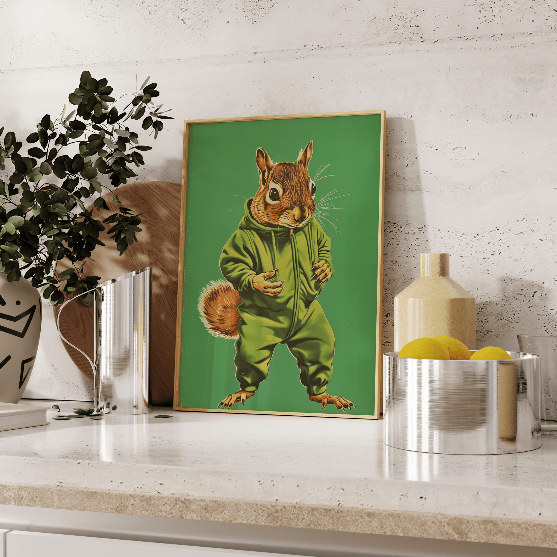 Vintage framed poster of a squirrel in a green onesie, leaning against the kitchen counter - Paw Prints