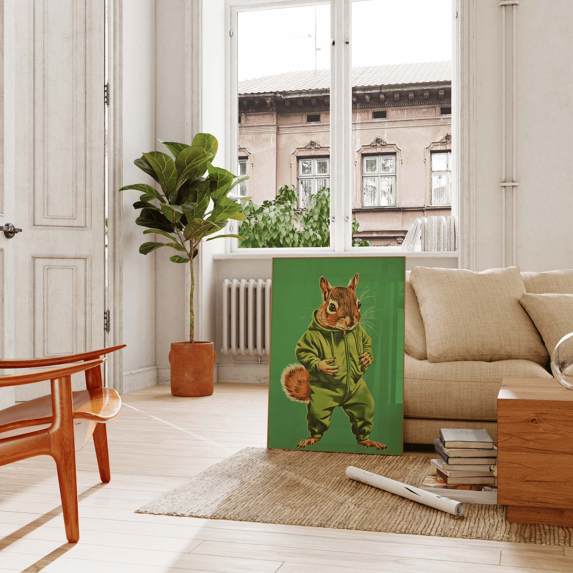 Vintage framed poster of a squirrel in a green onesie, leaning against the living room couch - Paw Prints