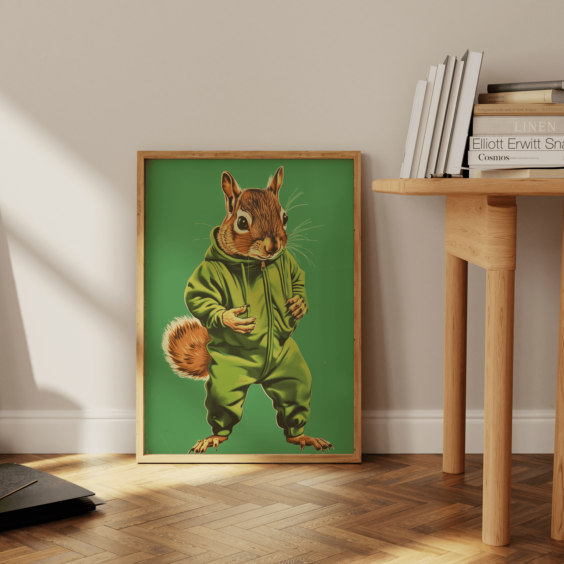 Vintage framed poster of a squirrel in a green onesie, leaning against the office wall - Paw Prints