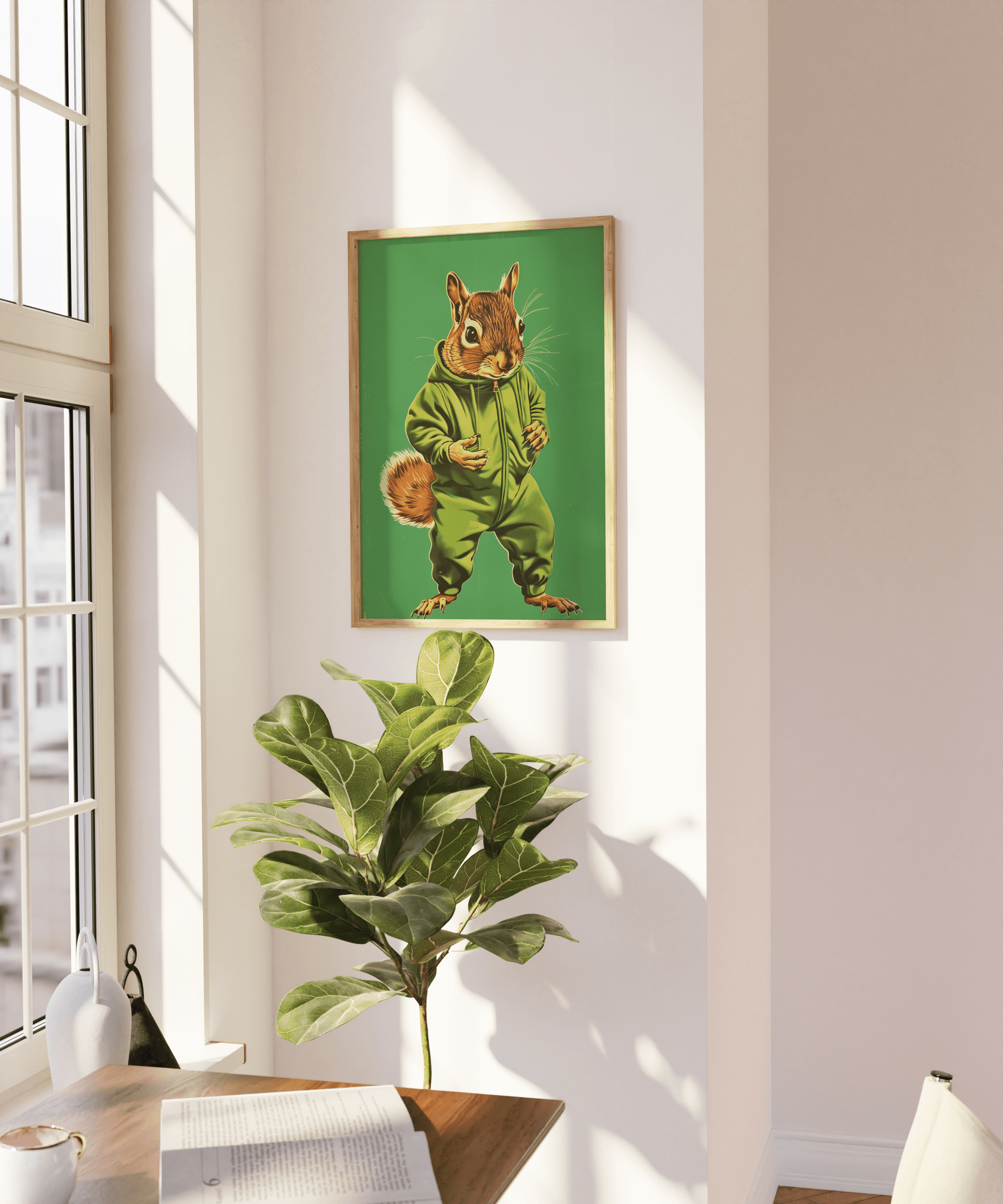 Vintage framed poster of a squirrel in a green onesie, on a blank wall - Paw Prints