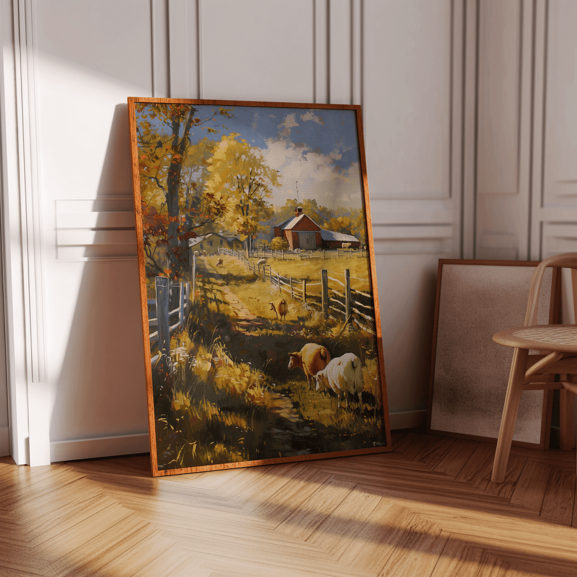 Painting of sheep in an autumn barnyard, detailed brushwork in a rustic American style, in a hallway - Paw Prints 
