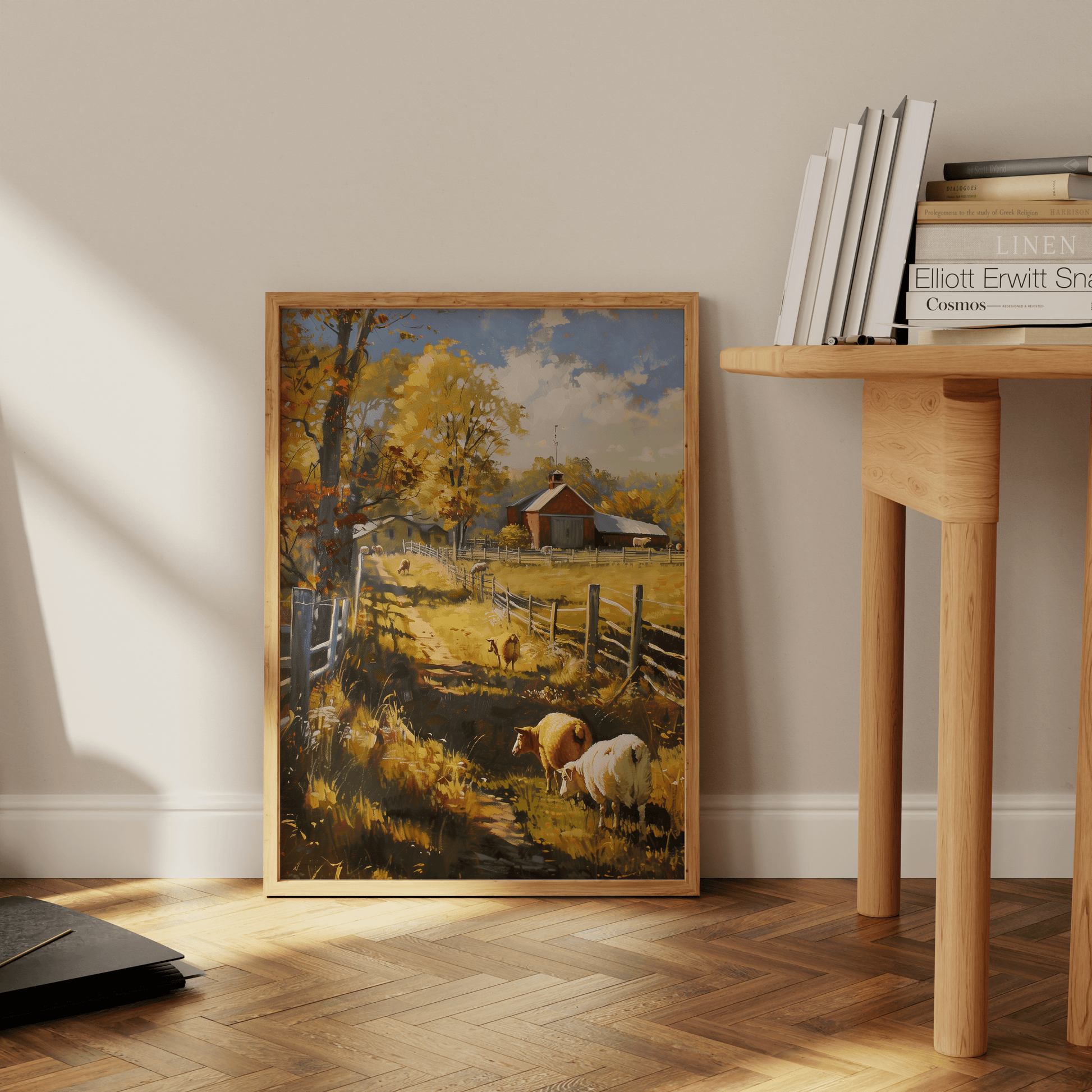 Painting of sheep in an autumn barnyard, in a rustic American style, leaning against the office wall - Paw Prints 