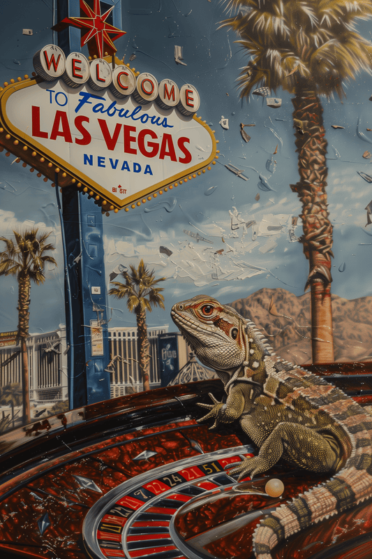 Travel poster of a Lizard on a Roulette Wheel, in front of the "Welcome to Fabulous Las Vegas" sign - Paw Prints