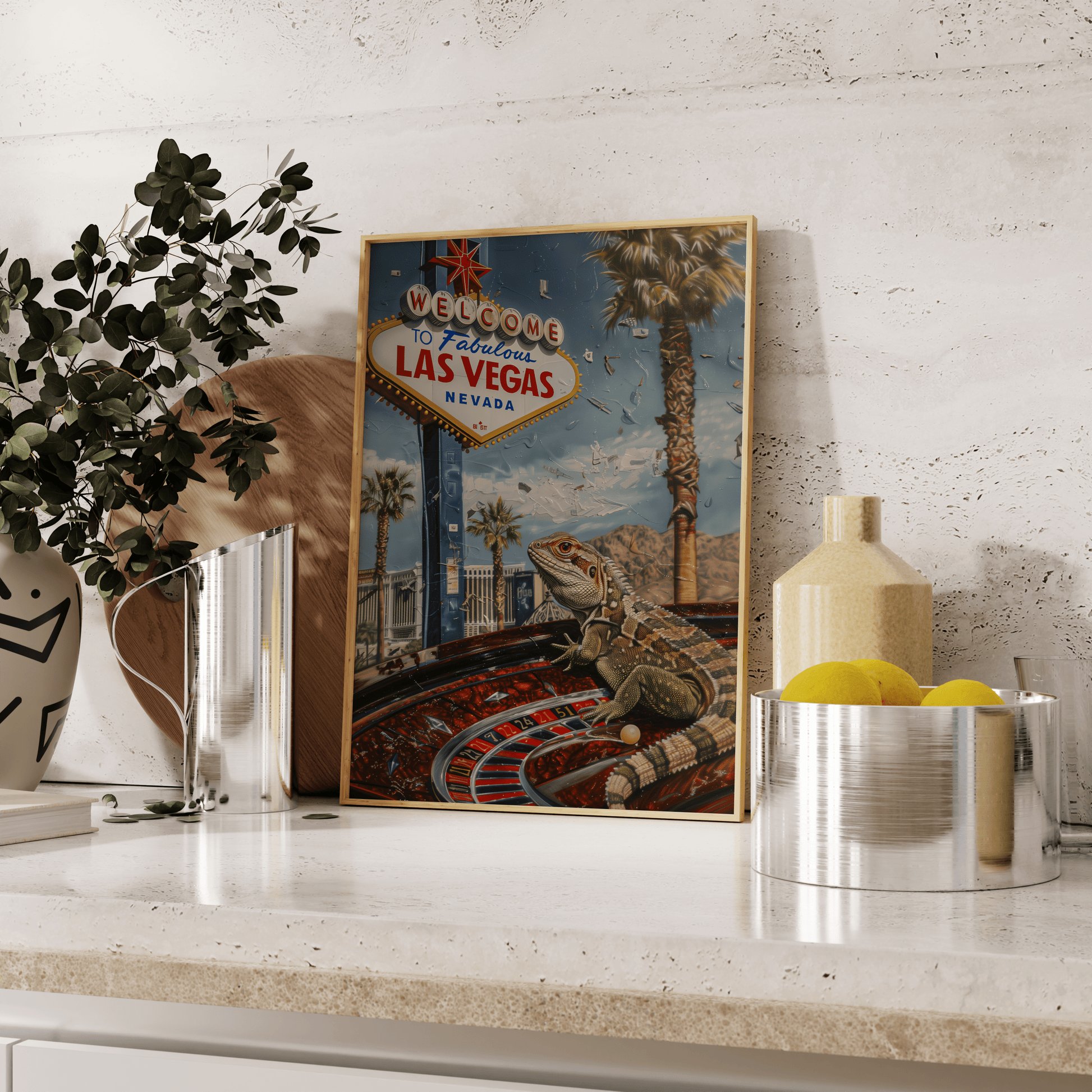 Travel poster of a Lizard on a Roullete Wheel, in front of the "Welcome to Fabulous Las Vegas" sign, leaning against the kitchen counter - Paw Prints