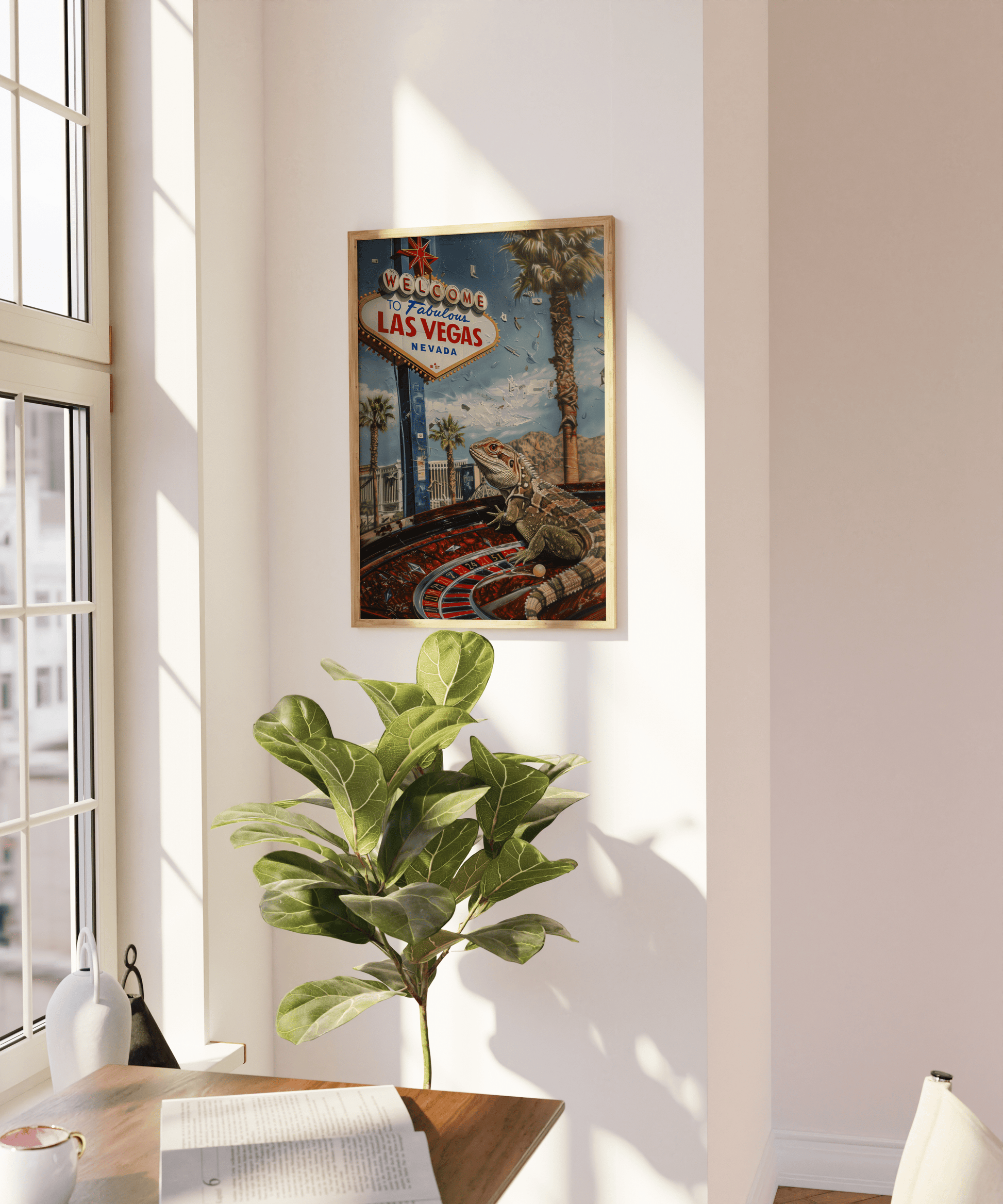 Travel poster of a Lizard on a Roullete Wheel, in front of the "Welcome to Fabulous Las Vegas" sign, on a blank wall - Paw Prints