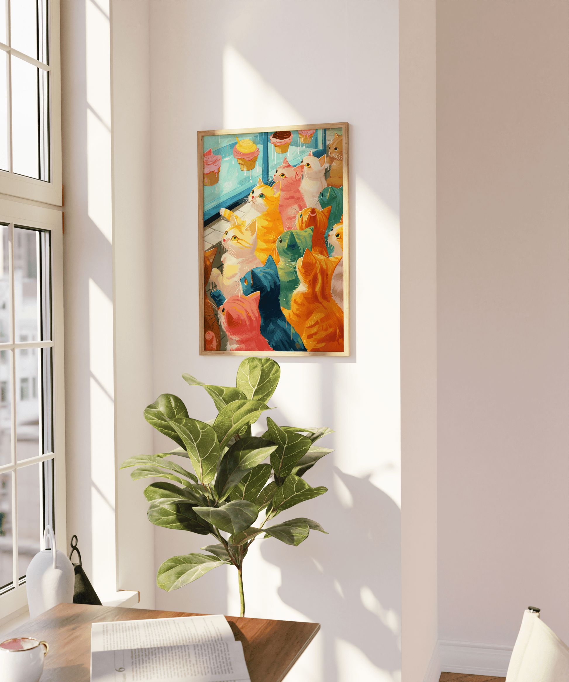 Retro painting of various colored cats window shopping for cupcakes, on a blank wall - Paw Prints 