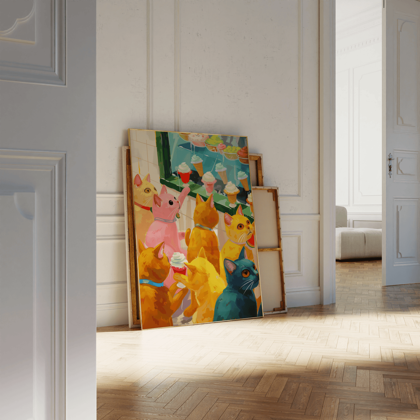Retro painting of various colored cats window shopping for ice cream, leaning against a white bathroom wall - Paw Prints 