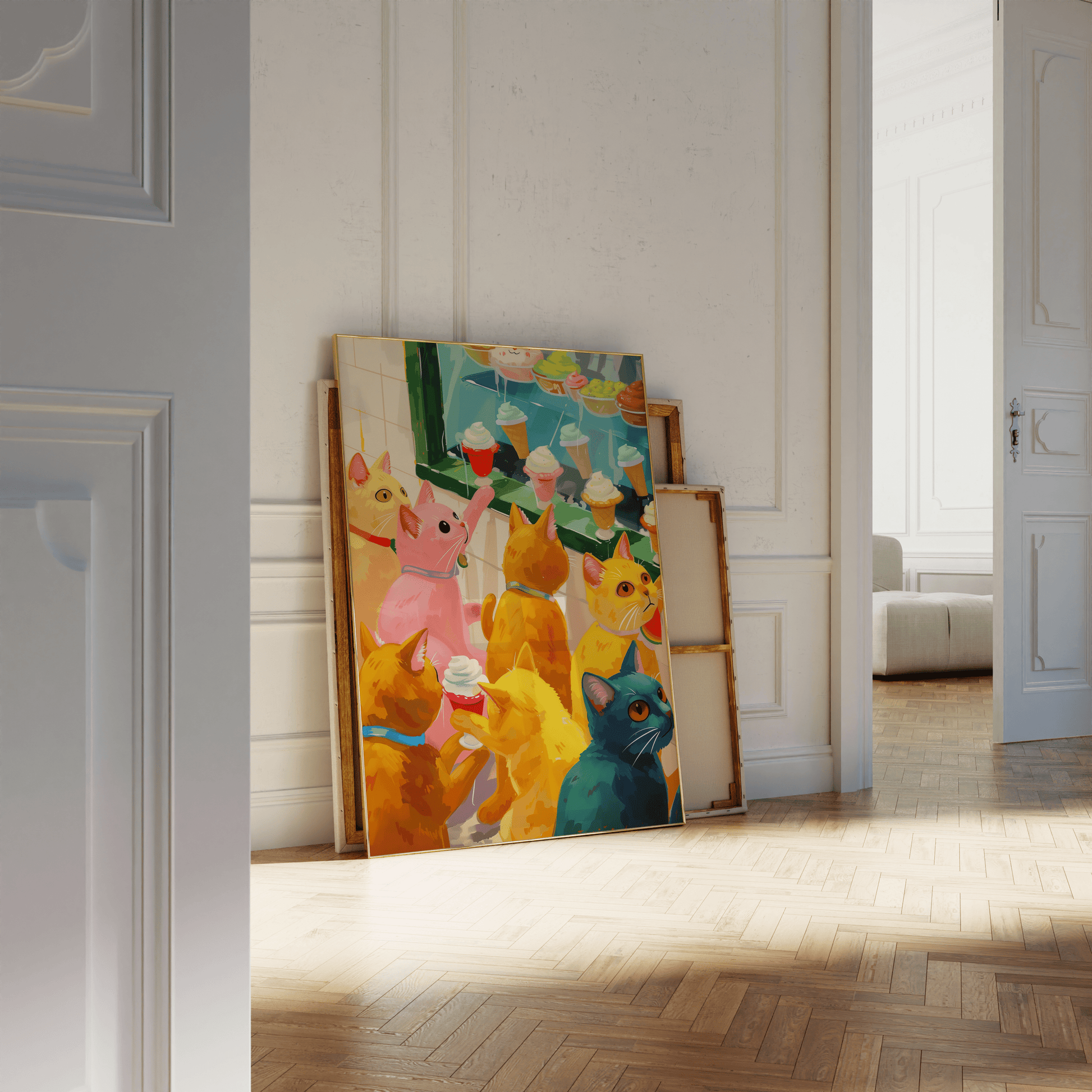 Retro painting of various colored cats window shopping for ice cream, leaning against a white bathroom wall - Paw Prints 