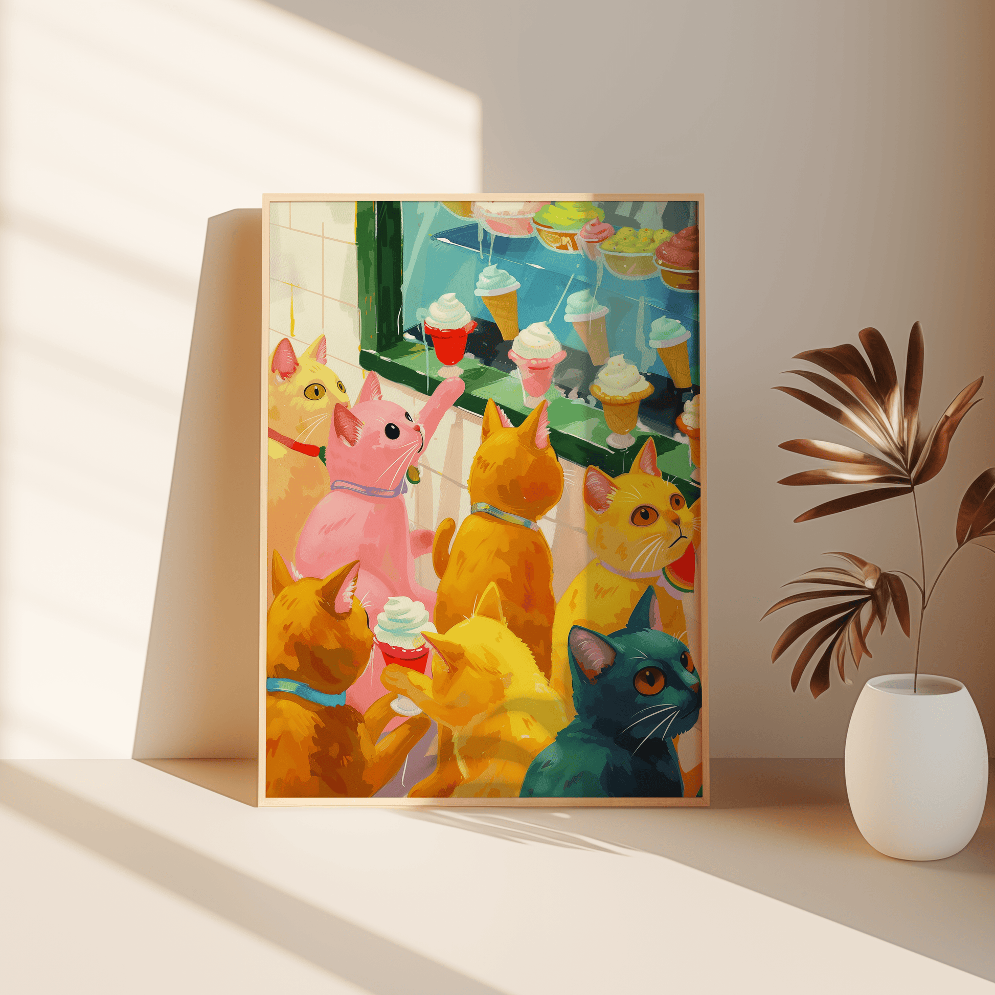 Retro painting of various colored cats window shopping for ice cream, leaning against the bedroom floor - Paw Prints 