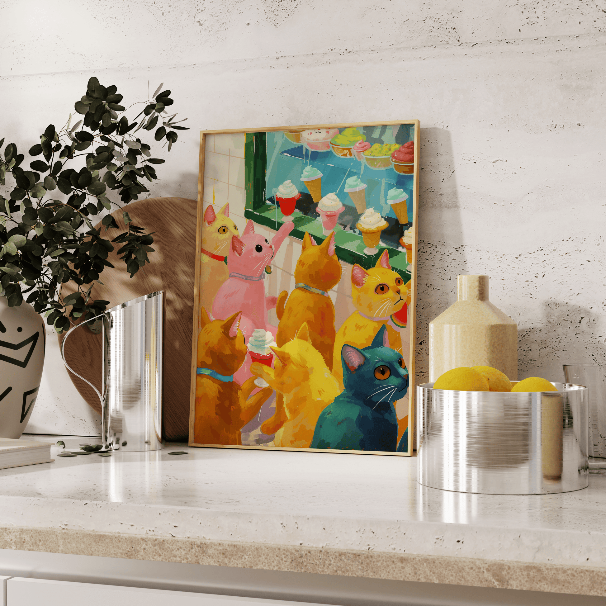Retro painting of various colored cats window shopping for ice cream, leaning against the kitchen counter - Paw Prints 