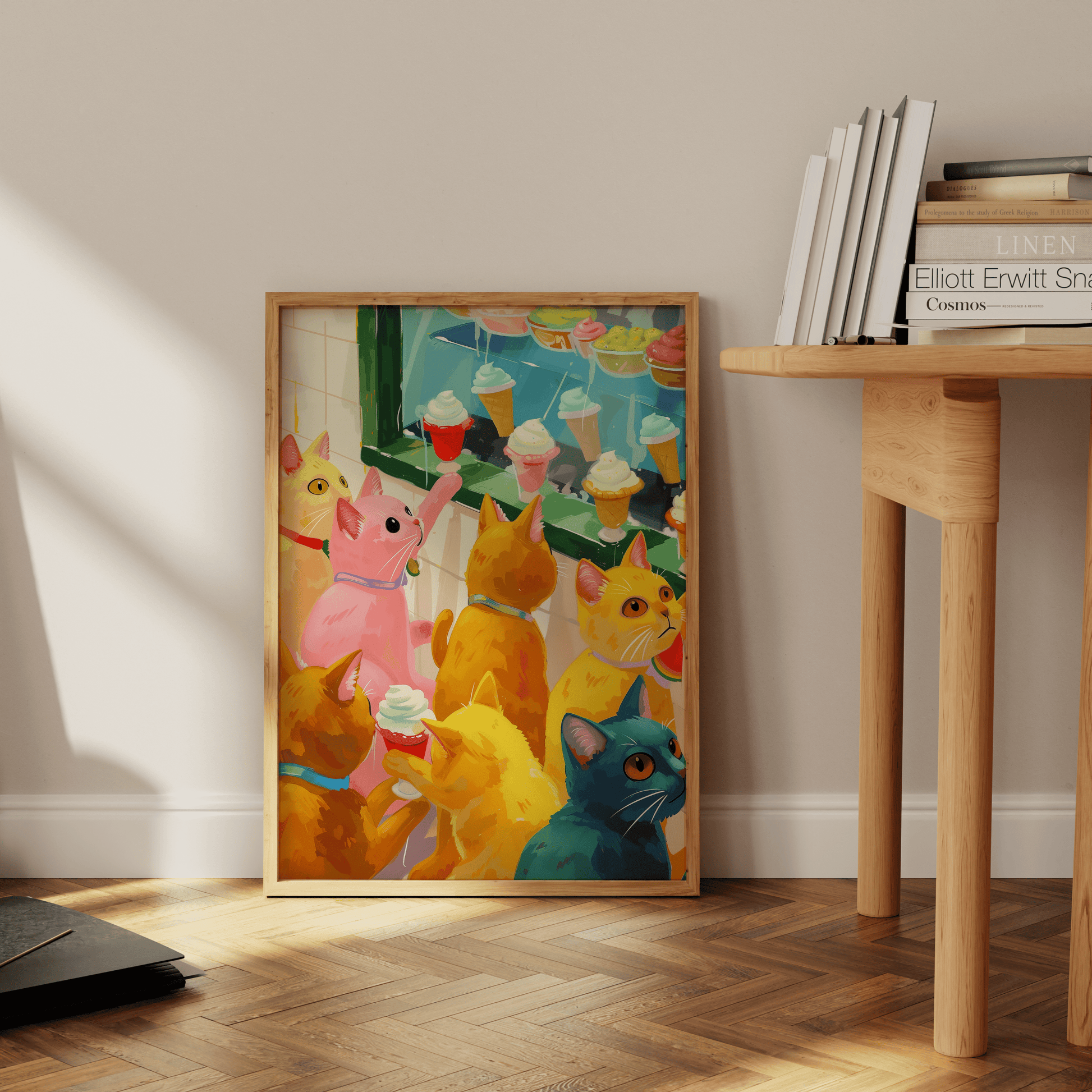 Retro painting of various colored cats window shopping for ice cream, leaning against the office wall - Paw Prints 