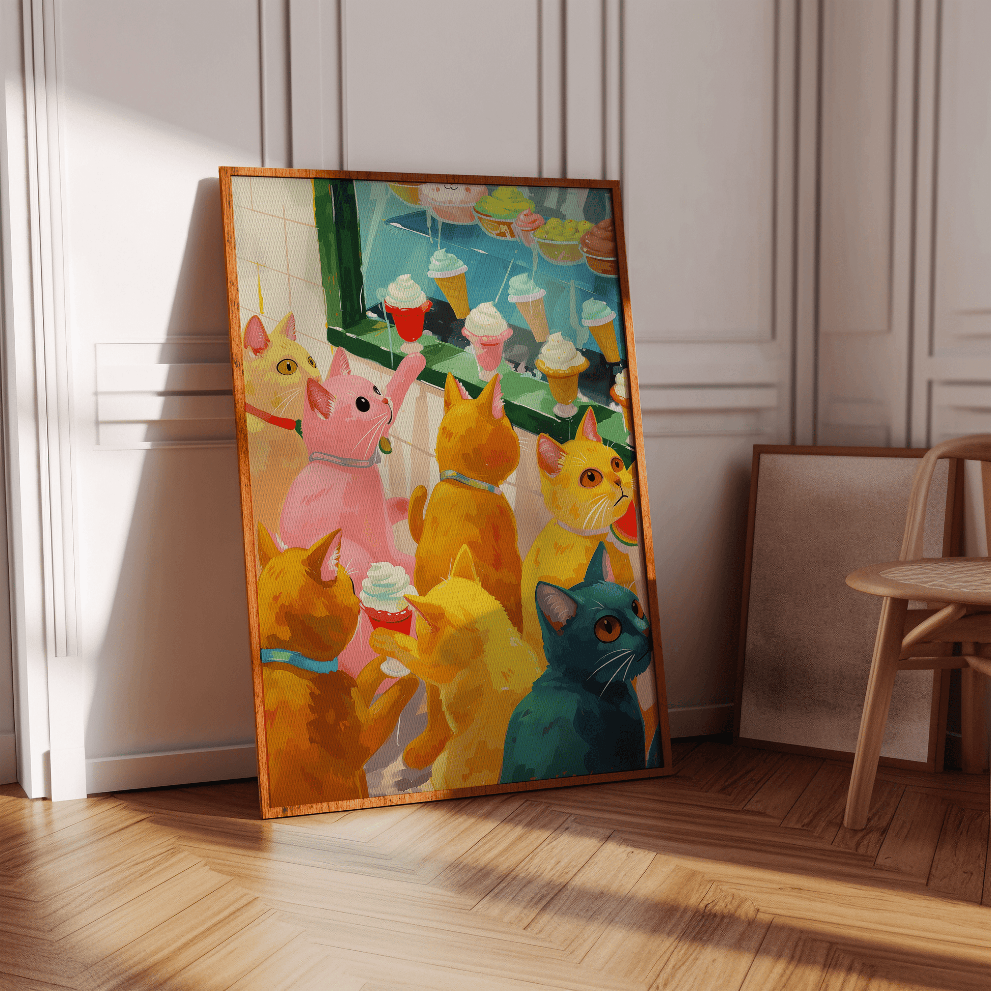Retro painting of various colored cats window shopping for ice cream, on a blank wall, in a hallway- Paw Prints 
