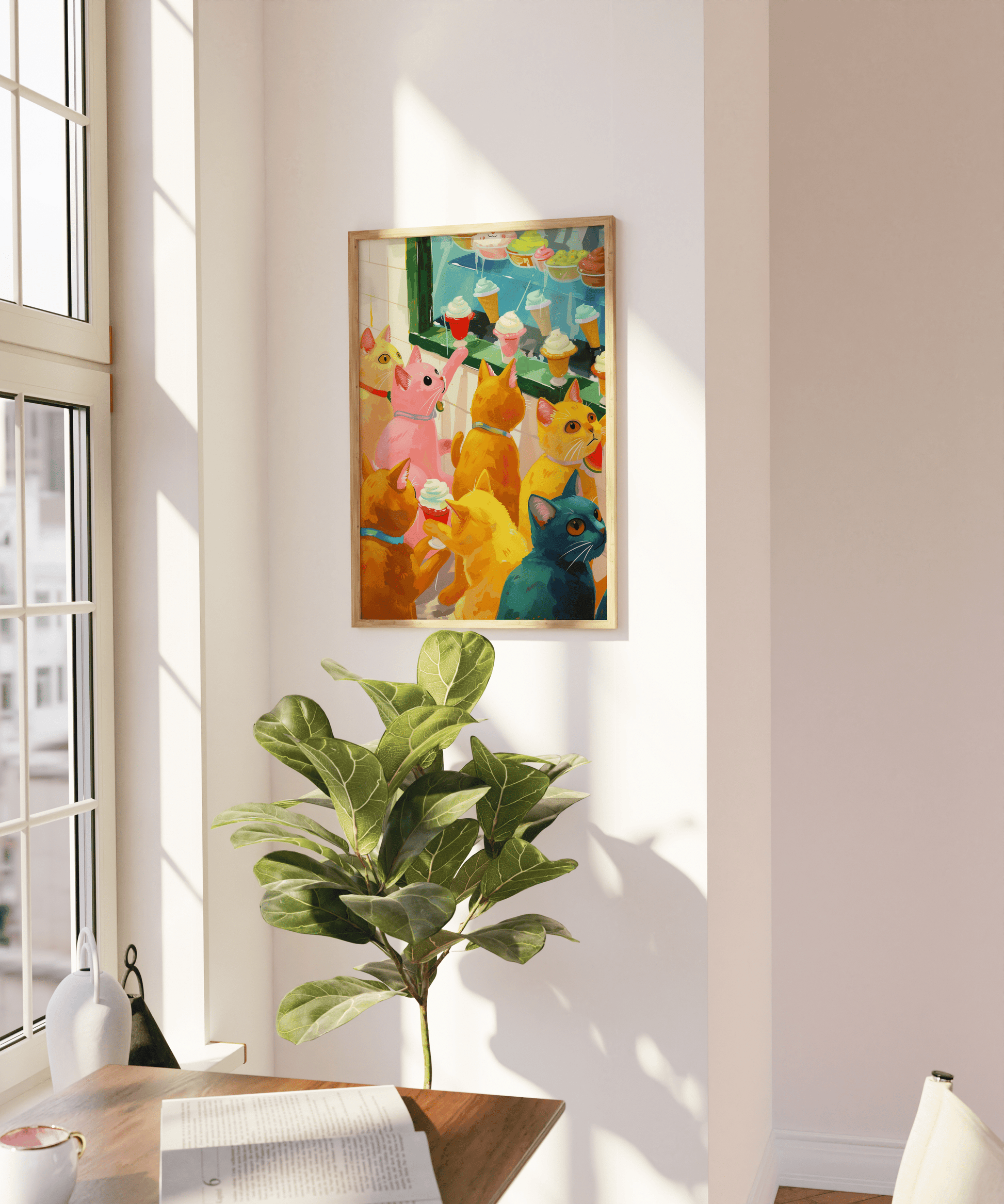 Retro painting of various colored cats window shopping for ice cream, on a blank wall - Paw Prints 