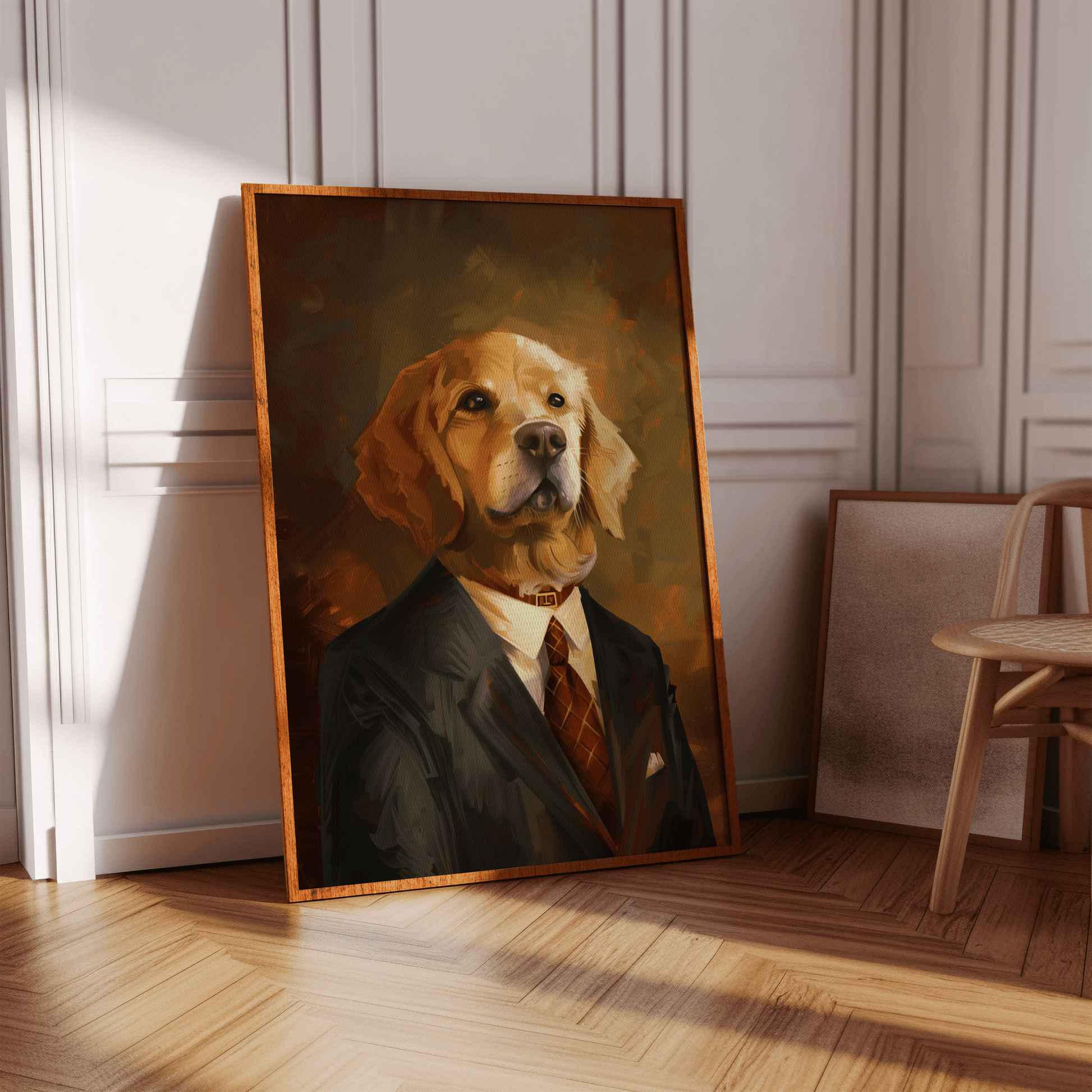 Painting of a golden retriever wearing a suit and tie, in a hallway - Paw Prints 