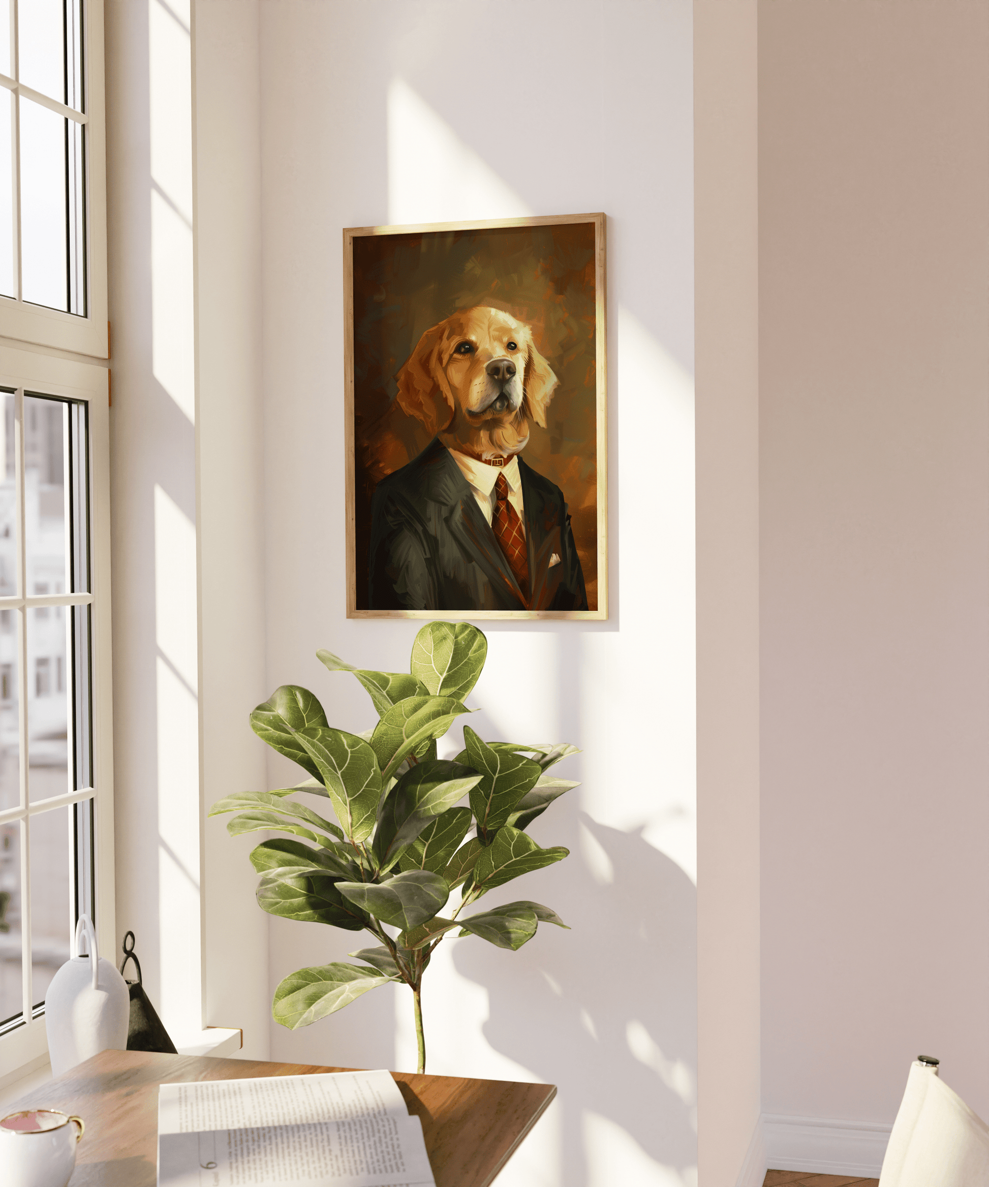 Painting of a golden retriever wearing a suit and tie, on a blank wall - Paw Prints 