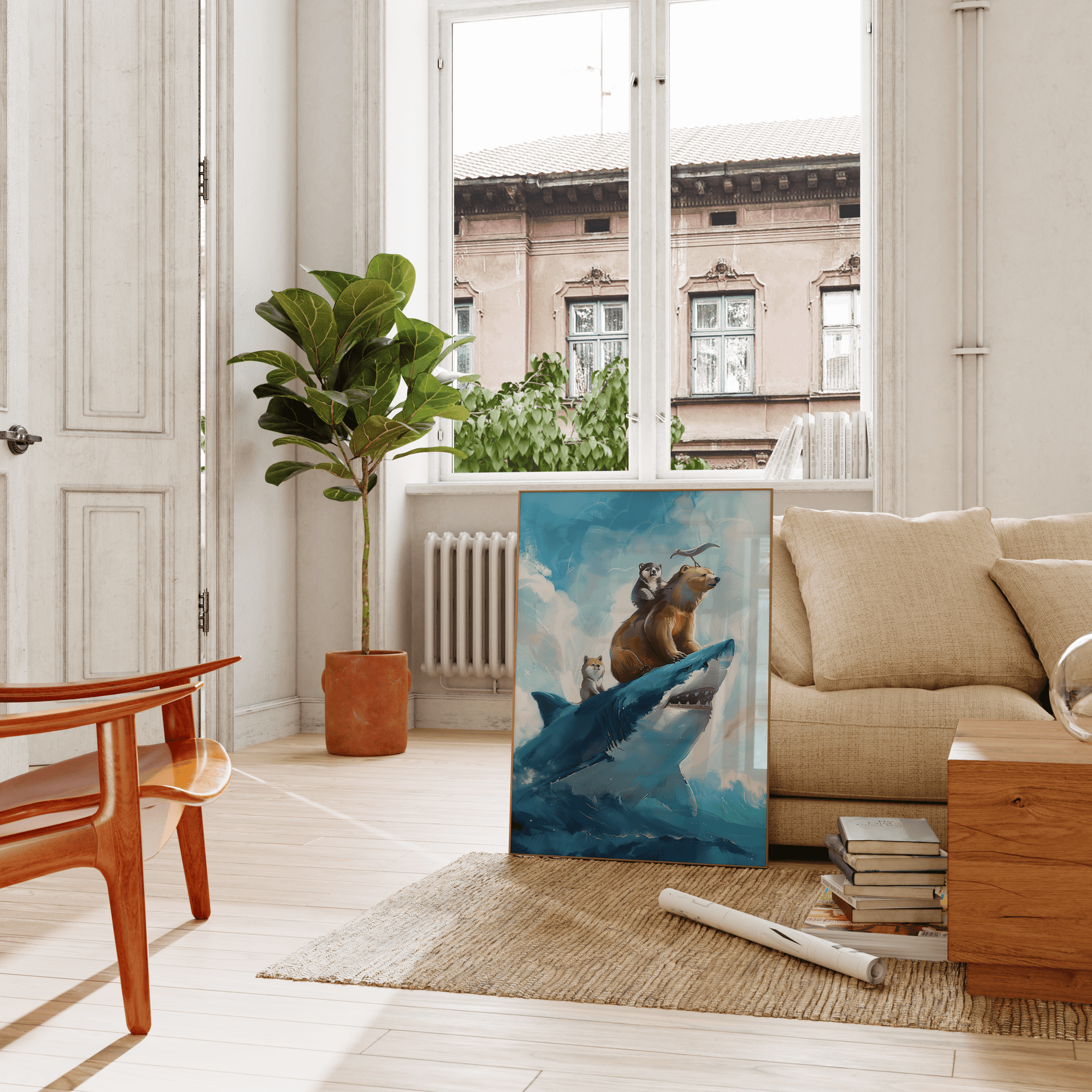 Painting of two bears, shiba inu, and a seagull riding on top of a great white shark, leaning against the living room couch- Paw Prints