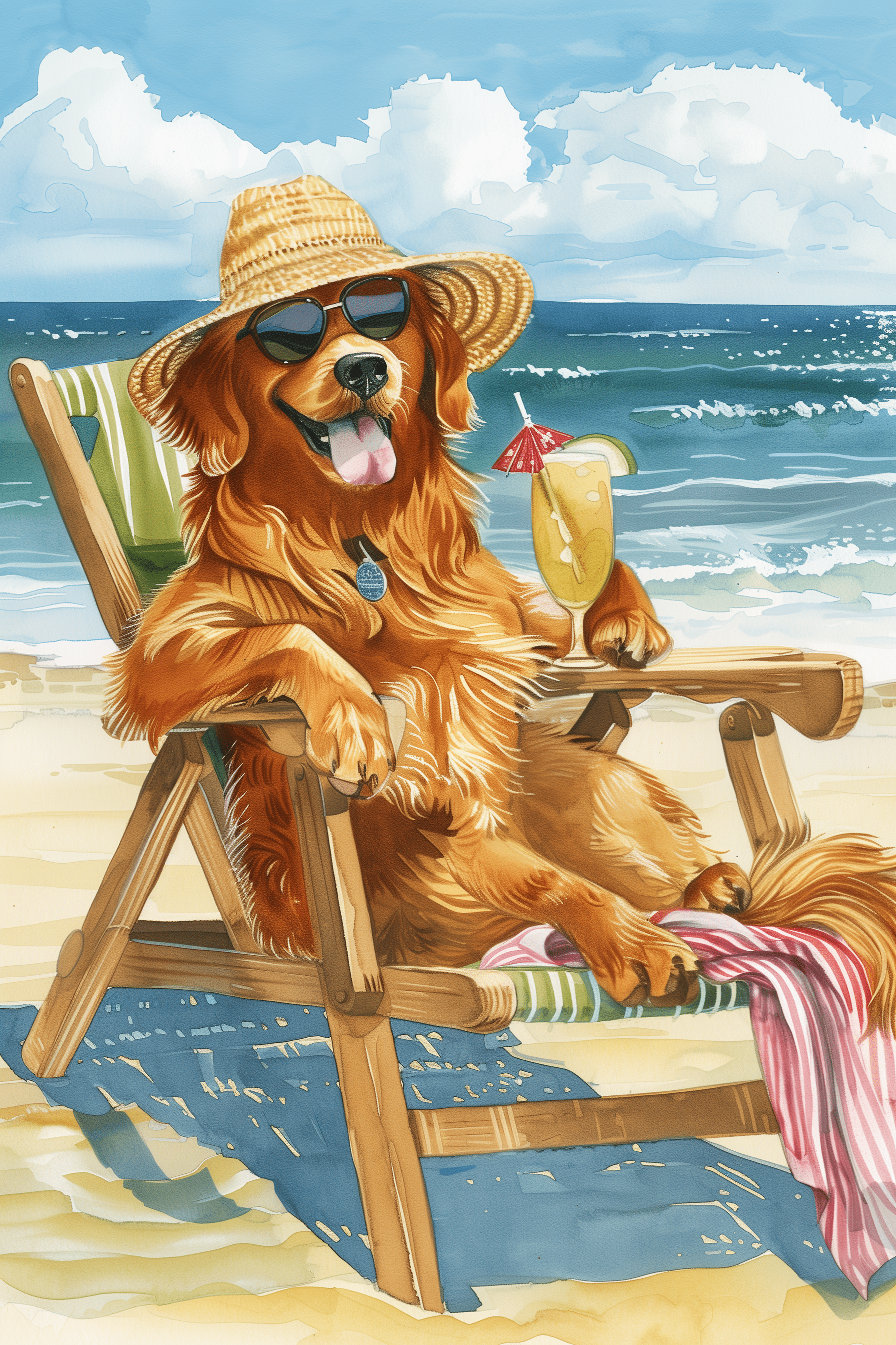 Painting of a Golden Retriever sunbathing at the beach with a cocktail in hand - Paw Prints