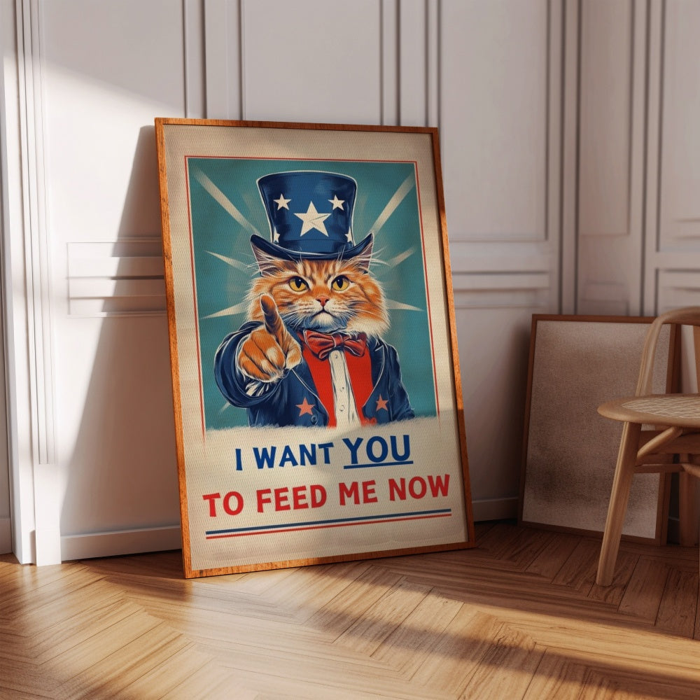 A vintage retro propaganda poster of an orange cat pointing a finger at you, stating "I Want You To Feed Me Now"