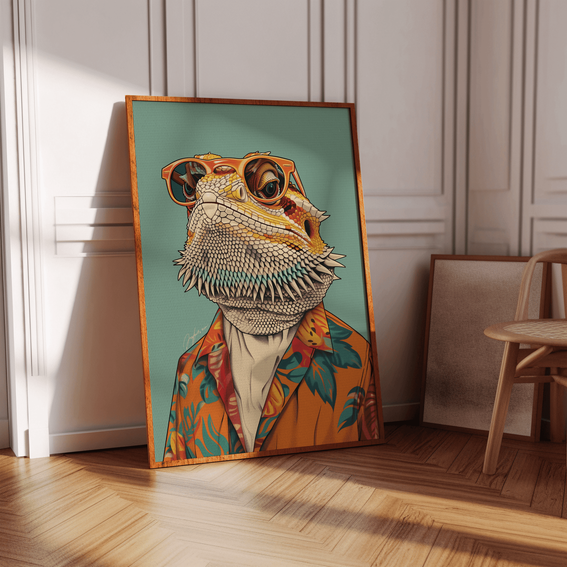 A retro Bearded Dragon with sunglasses and a Hawaiian shirt poster, in a white Victorian hallway in view of natural sunlight.